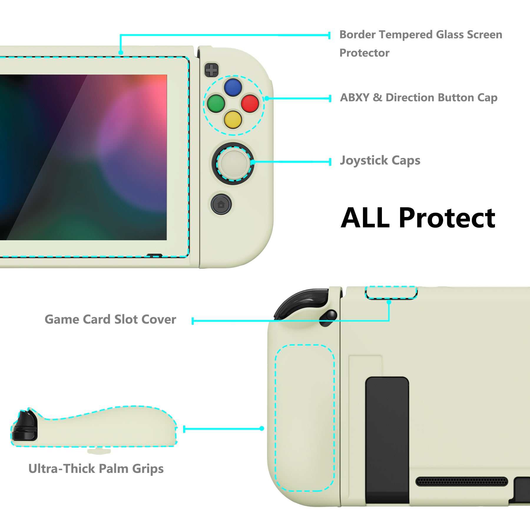 PlayVital ZealProtect Soft Protective Case for Nintendo Switch, Flexible Cover for Switch with Tempered Glass Screen Protector & Thumb Grips & ABXY Direction Button Caps - Antique Yellow - RNSYM5005 playvital