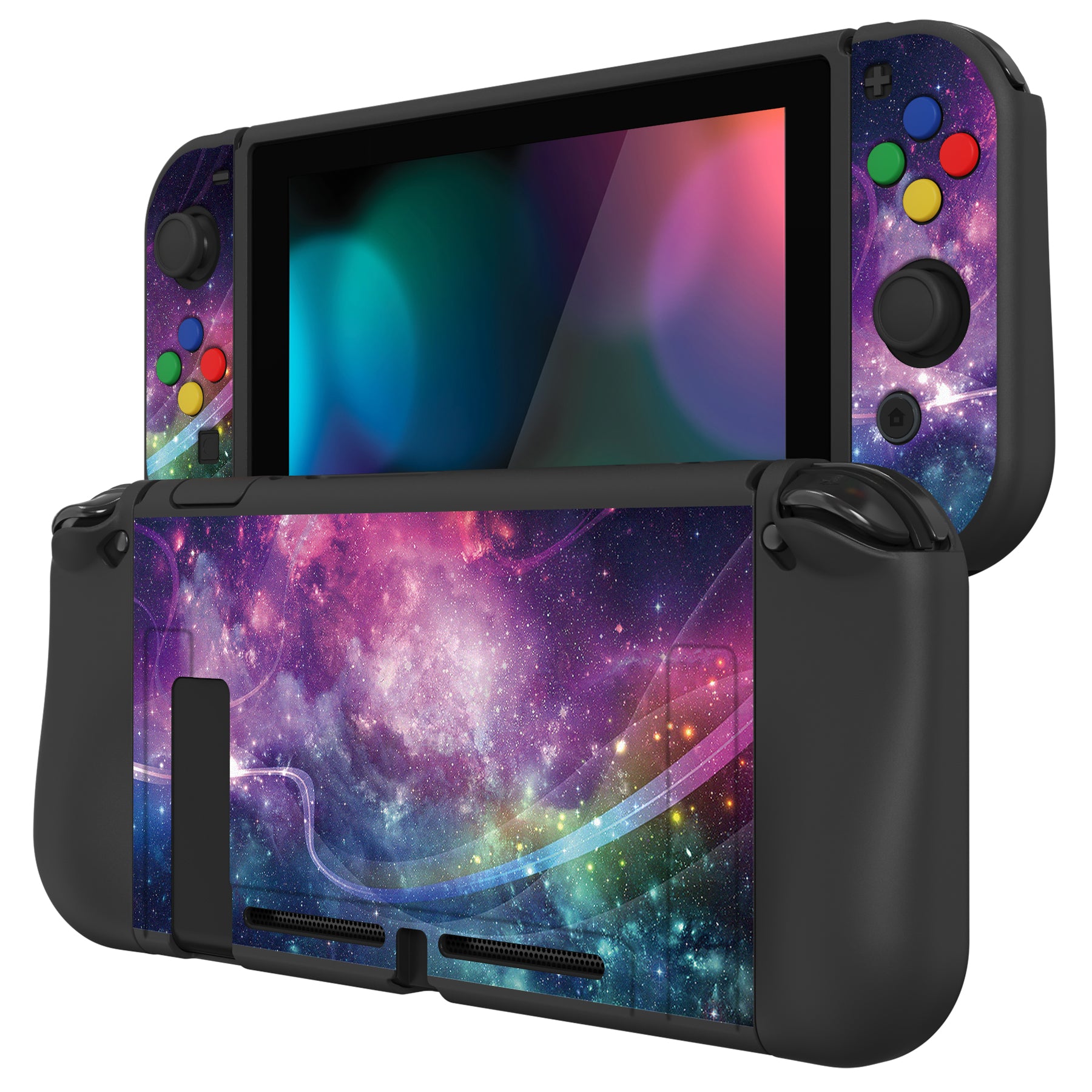 PlayVital ZealProtect Soft Protective Case for Nintendo Switch, Flexible Cover for Switch with Tempered Glass Screen Protector & Thumb Grips & ABXY Direction Button Caps - Purple Galaxy - RNSYV6001 playvital