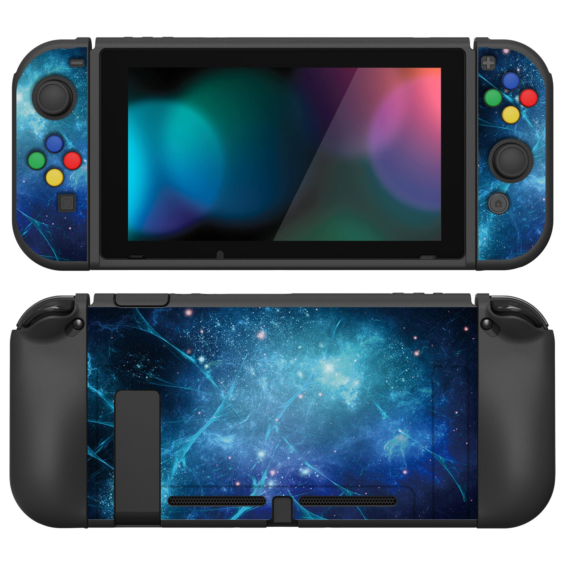 PlayVital ZealProtect Soft Protective Case for Nintendo Switch, Flexible Cover for Switch with Tempered Glass Screen Protector & Thumb Grips & ABXY Direction Button Caps - Blue Nebula - RNSYV6002 playvital