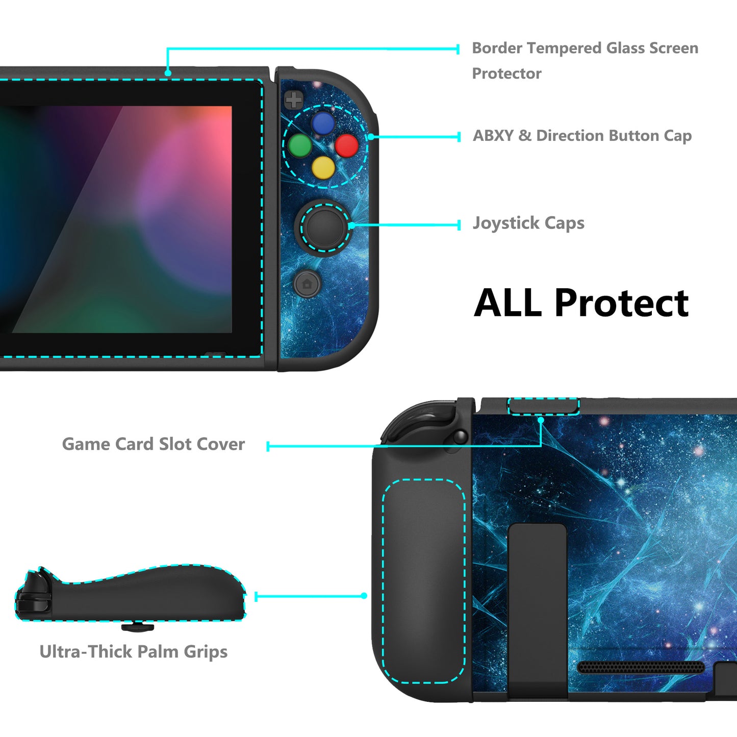 PlayVital ZealProtect Soft Protective Case for Nintendo Switch, Flexible Cover for Switch with Tempered Glass Screen Protector & Thumb Grips & ABXY Direction Button Caps - Blue Nebula - RNSYV6002 playvital