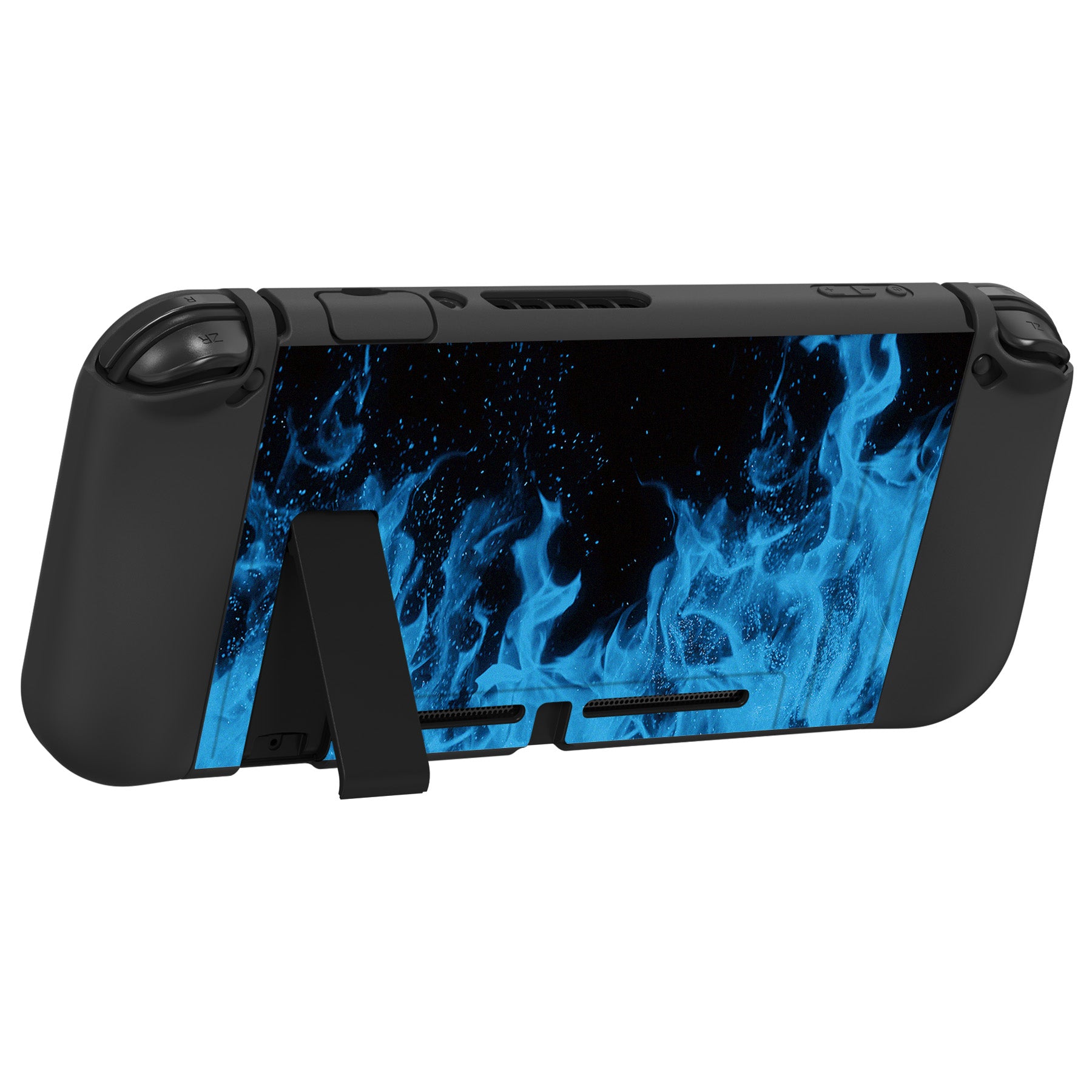 PlayVital ZealProtect Soft Protective Case for Nintendo Switch, Flexible Cover for Switch with Tempered Glass Screen Protector & Thumb Grips & ABXY Direction Button Caps - Blue Flame - RNSYV6003 playvital