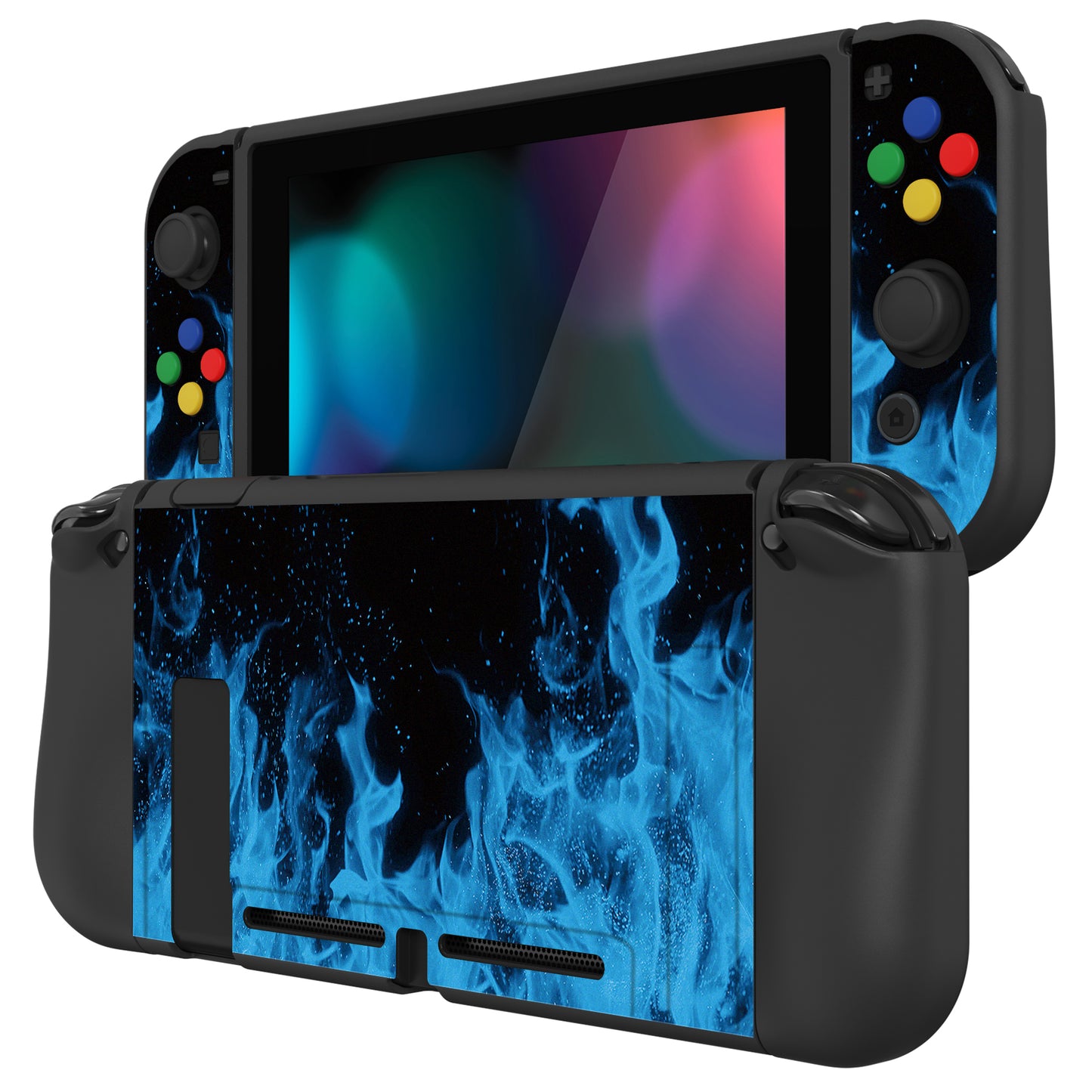 PlayVital ZealProtect Soft Protective Case for Nintendo Switch, Flexible Cover for Switch with Tempered Glass Screen Protector & Thumb Grips & ABXY Direction Button Caps - Blue Flame - RNSYV6003 playvital