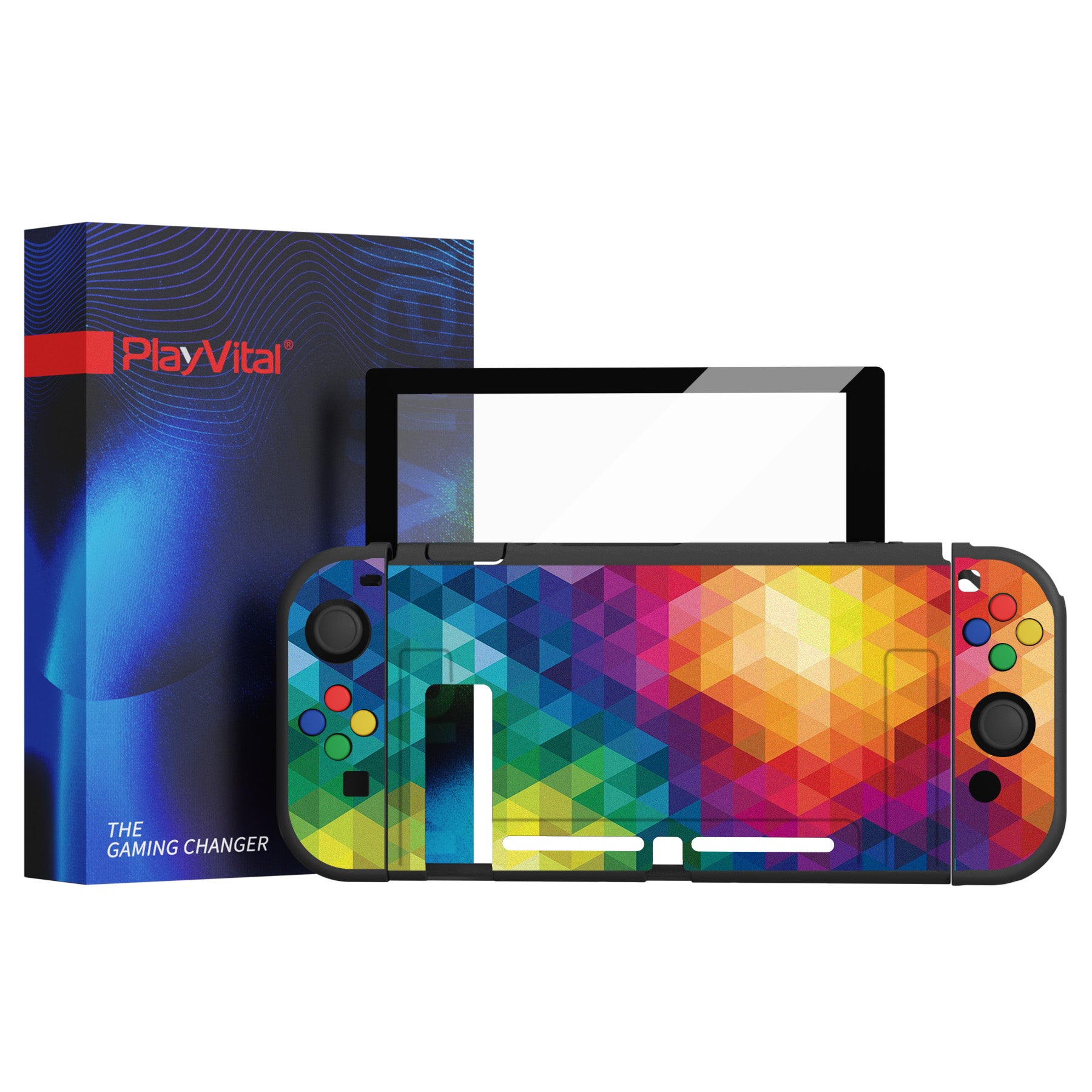 PlayVital ZealProtect Soft Protective Case for Nintendo Switch, Flexible Cover for Switch with Tempered Glass Screen Protector & Thumb Grips & ABXY Direction Button Caps - Colorful Triangle - RNSYV6005 playvital