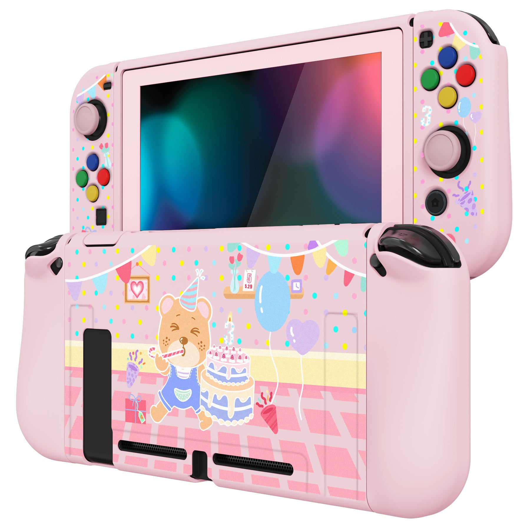 PlayVital ZealProtect Soft Protective Case for Nintendo Switch, Flexible Cover for Switch with Tempered Glass Screen Protector & Thumb Grips & ABXY Direction Button Caps - Birthday Party - RNSYV6009 playvital