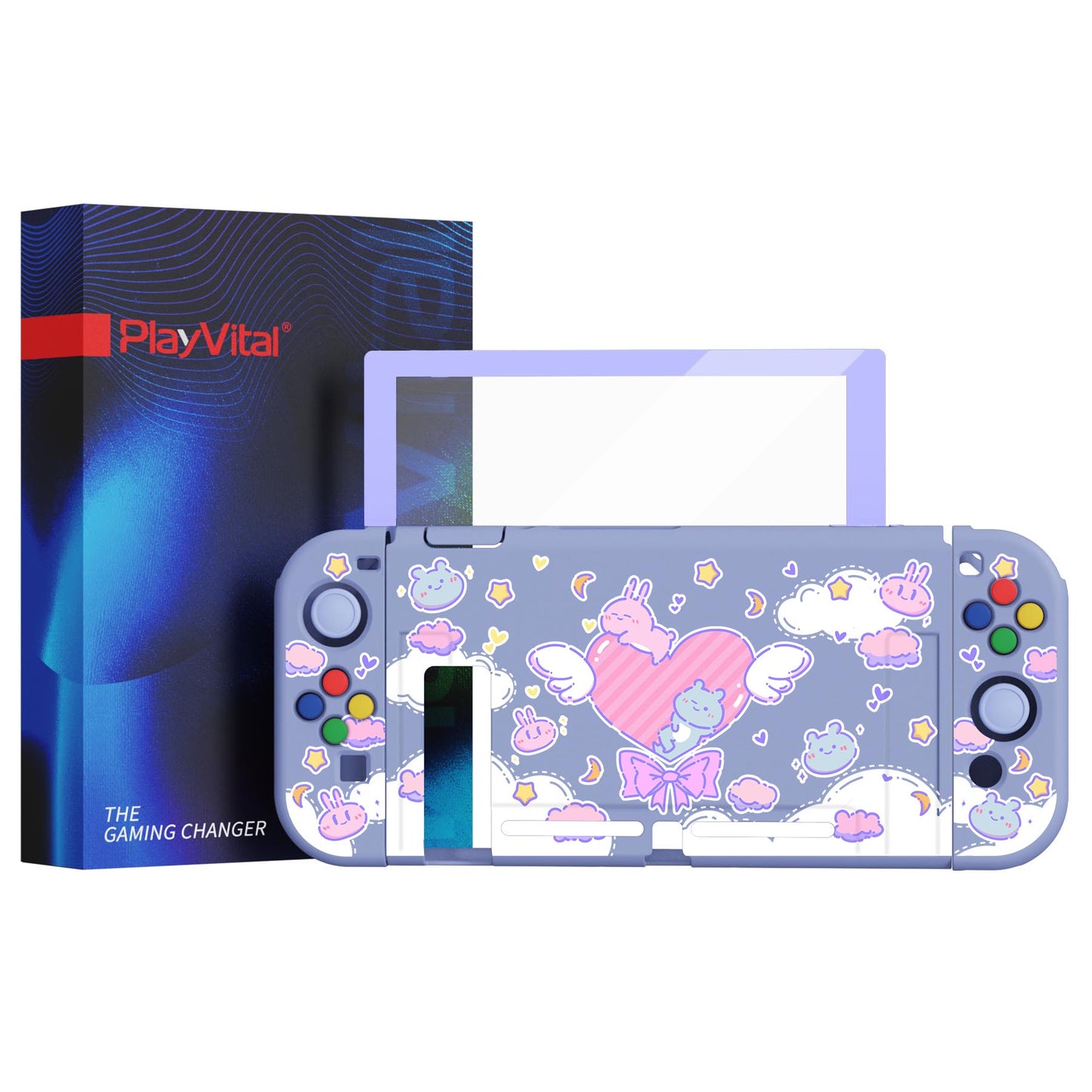 PlayVital ZealProtect Soft Protective Case for Nintendo Switch, Flexible Cover for Switch with Tempered Glass Screen Protector & Thumb Grips & ABXY Direction Button Caps - Fantasy Bunny & Bear - RNSYV6010 playvital