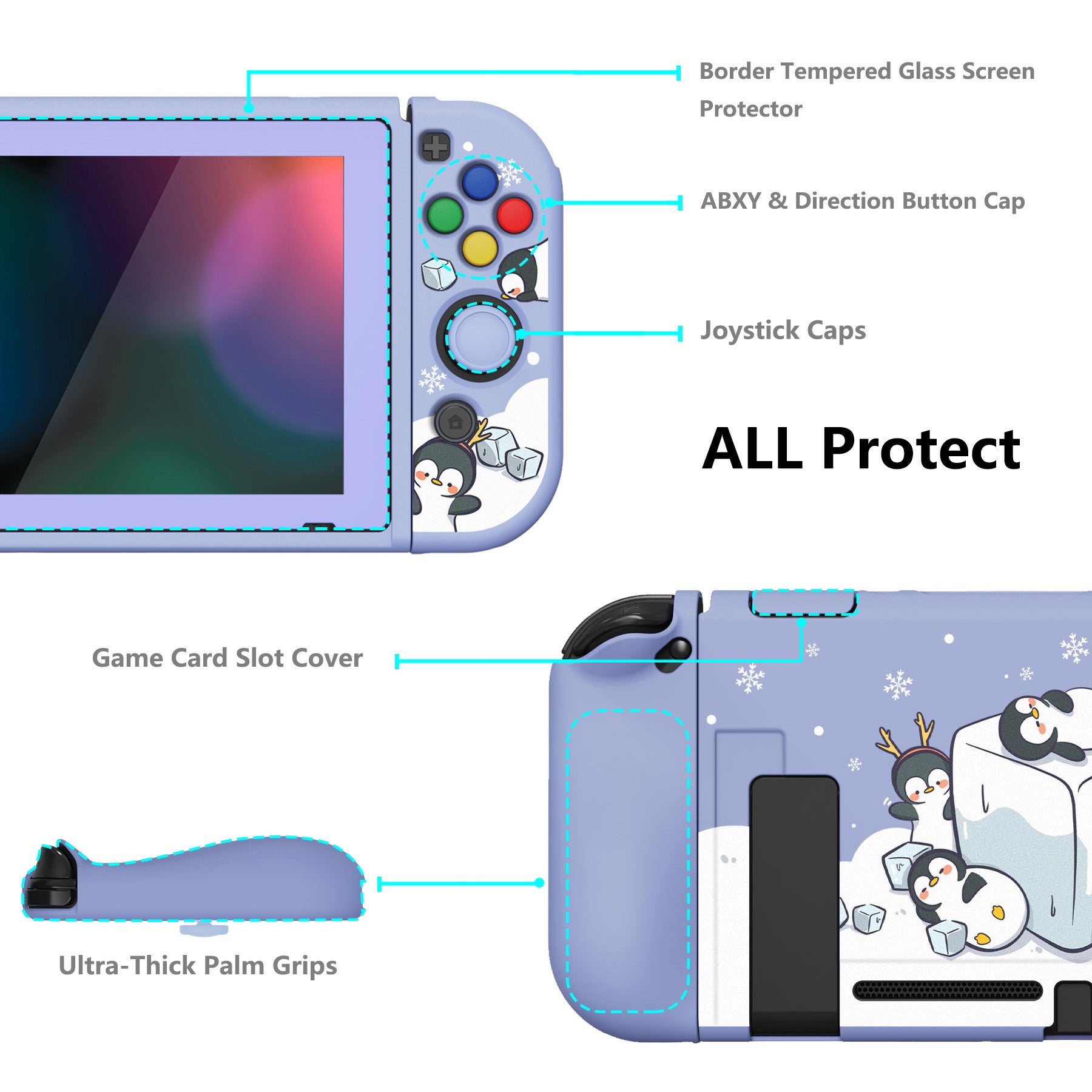 PlayVital ZealProtect Soft Protective Case for Nintendo Switch, Flexible Cover for Switch with Tempered Glass Screen Protector & Thumb Grips & ABXY Direction Button Caps - ICY Cube Penguin - RNSYV6011 playvital