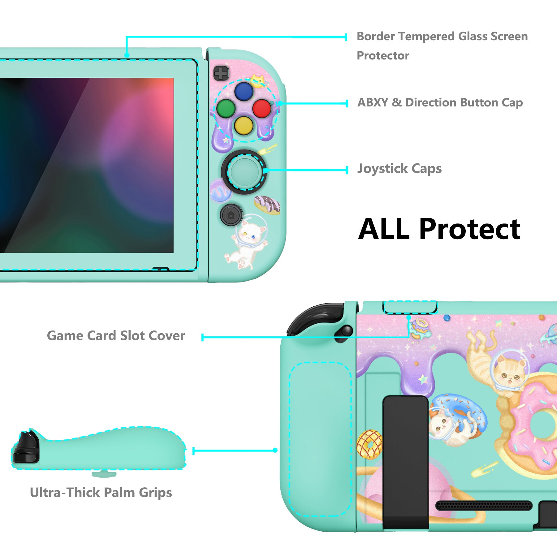 PlayVital ZealProtect Soft Protective Case for Nintendo Switch, Flexible Cover for Switch with Tempered Glass Screen Protector & Thumb Grips & ABXY Direction Button Caps - Donut Odyssey - RNSYV6013 playvital