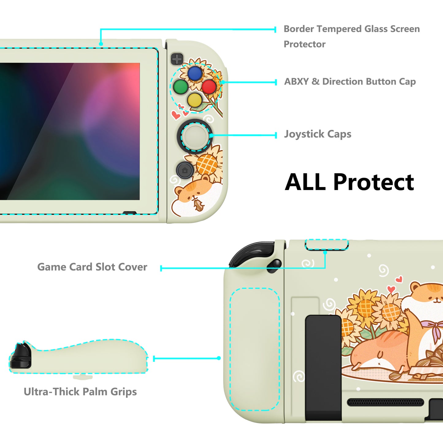 PlayVital ZealProtect Soft Protective Case for Nintendo Switch, Flexible Cover for Switch with Tempered Glass Screen Protector & Thumb Grips & ABXY Direction Button Caps - Hamster & Sunflower - RNSYV6018 playvital