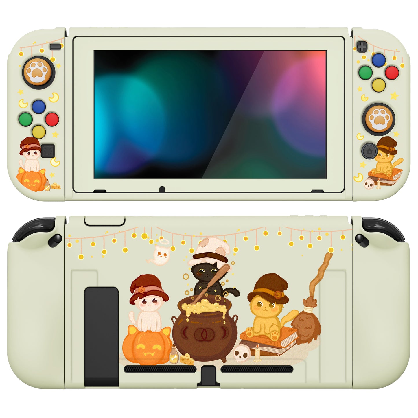 PlayVital ZealProtect Soft Protective Case for Nintendo Switch - Triplets Pumpkin Cats - RNSYV6020 playvital