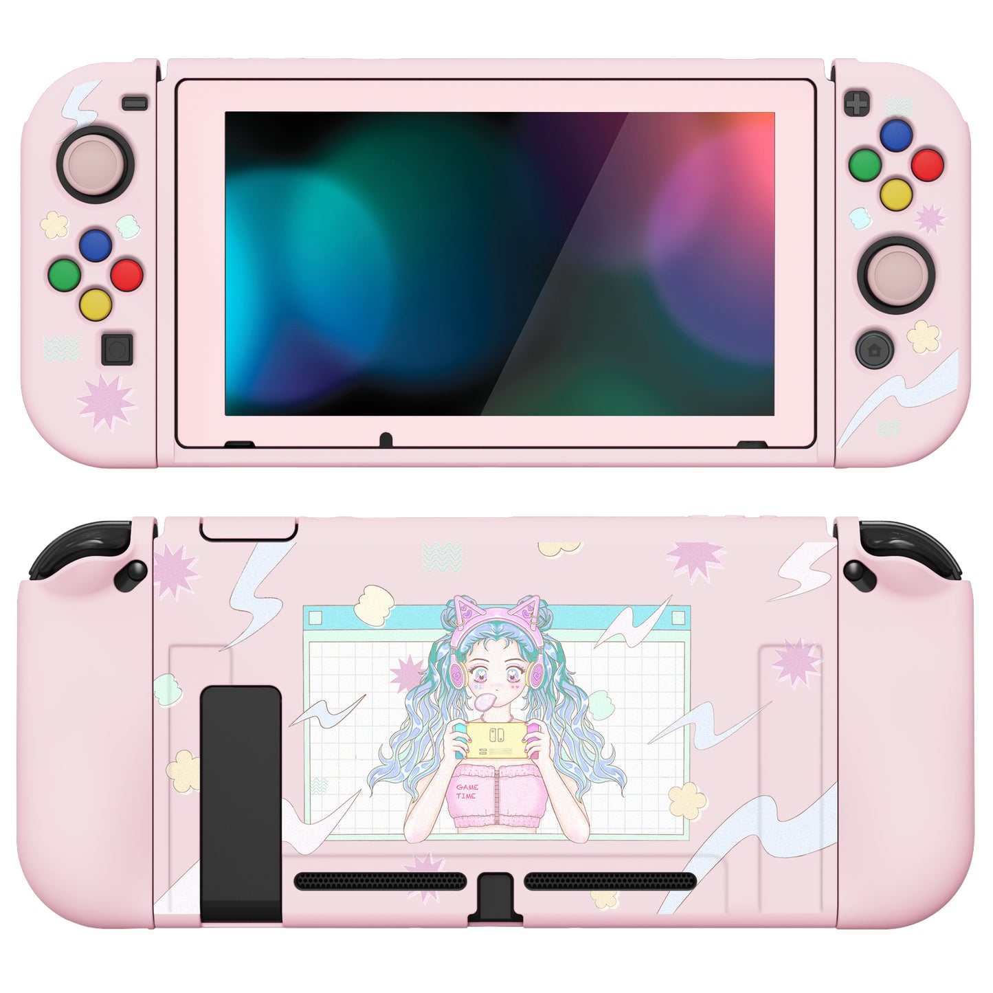 PlayVital ZealProtect Soft Protective Case for Nintendo Switch, Flexible Cover for Switch with Tempered Glass Screen Protector & Thumb Grips & ABXY Direction Button Caps - Gaming Girl - RNSYV6021 playvital