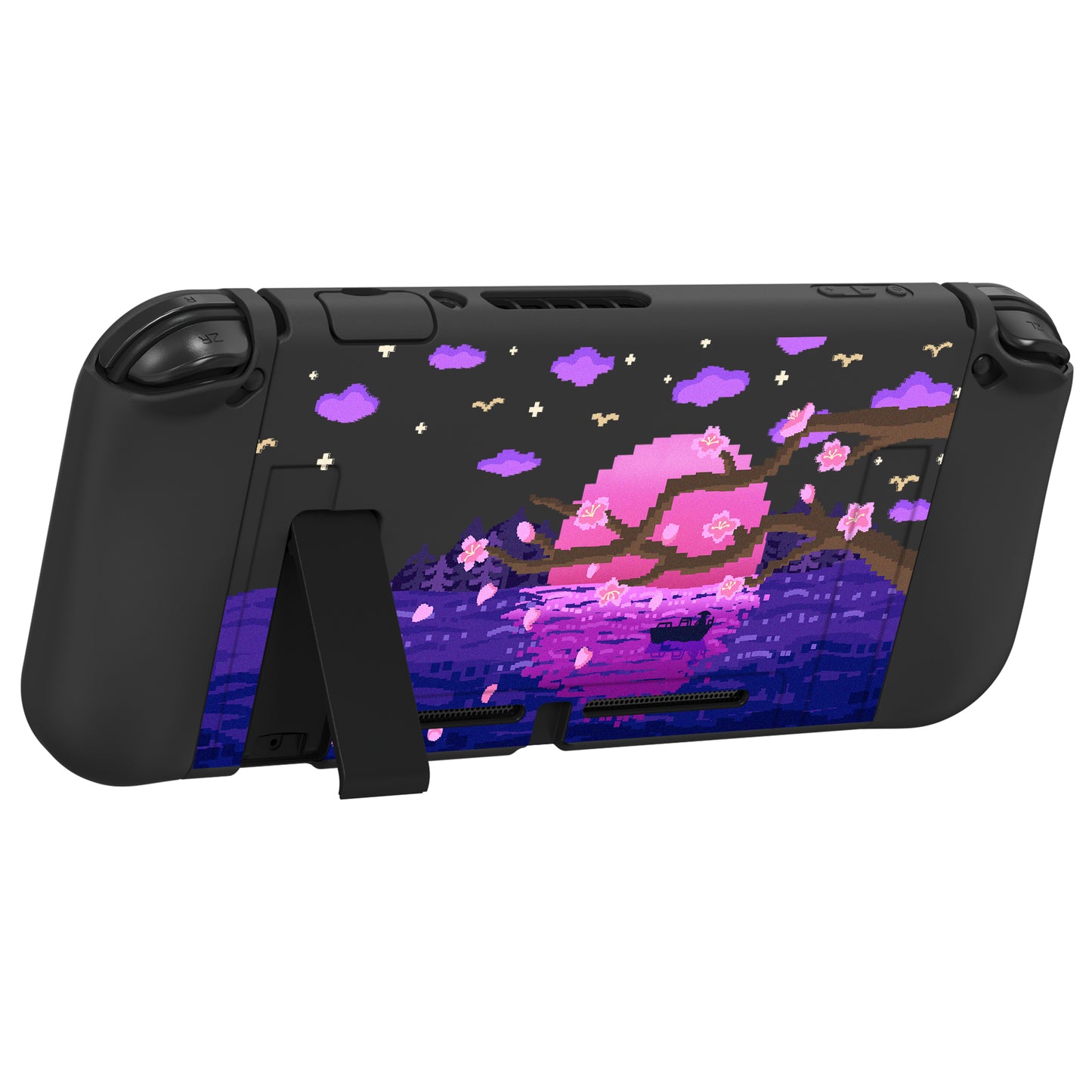 PlayVital ZealProtect Soft Protective Case for Nintendo Switch, Flexible Cover for Switch with Tempered Glass Screen Protector & Thumb Grips & ABXY Direction Button Caps - Pixel Moon Night - RNSYV6023 playvital