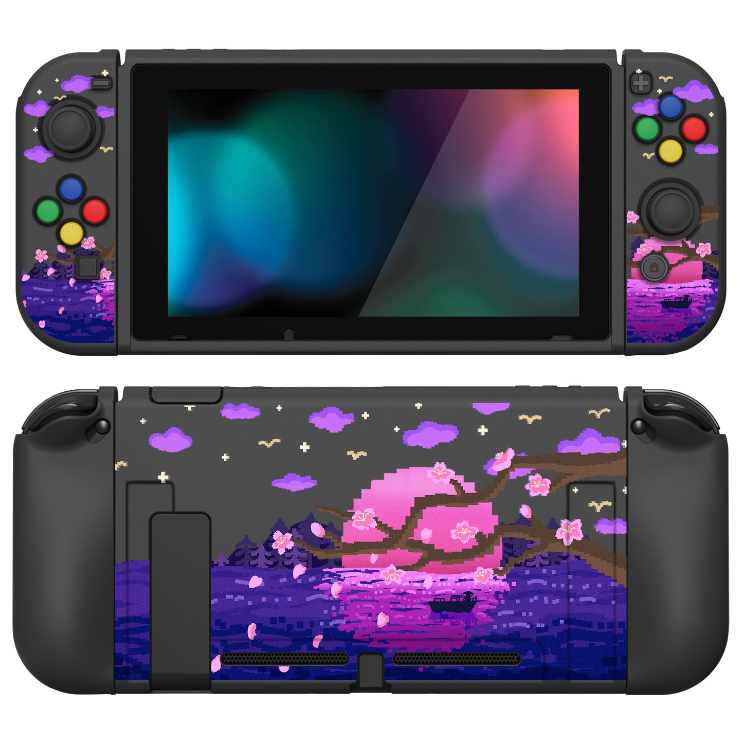 PlayVital ZealProtect Soft Protective Case for Nintendo Switch, Flexible Cover for Switch with Tempered Glass Screen Protector & Thumb Grips & ABXY Direction Button Caps - Pixel Moon Night - RNSYV6023 playvital