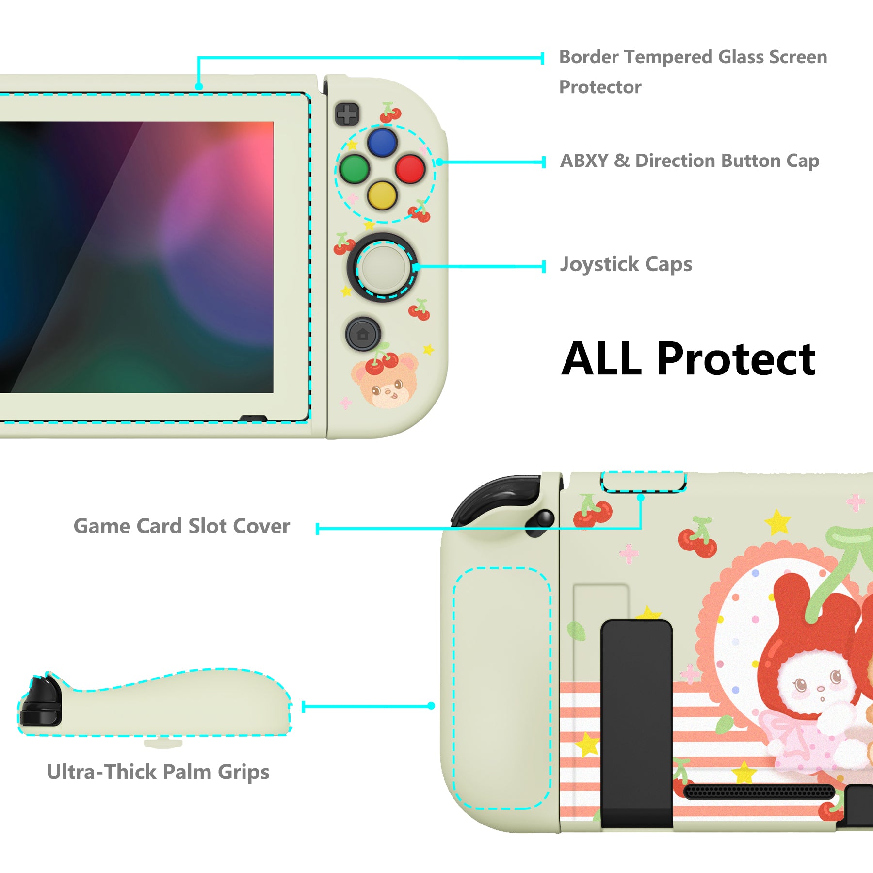 PlayVital ZealProtect Soft Protective Case for Nintendo Switch, Flexible Cover for Switch with Tempered Glass Screen Protector & Thumb Grips & ABXY Direction Button Caps - Cherry Bunny & Cherry Bear - RNSYV6030 playvital