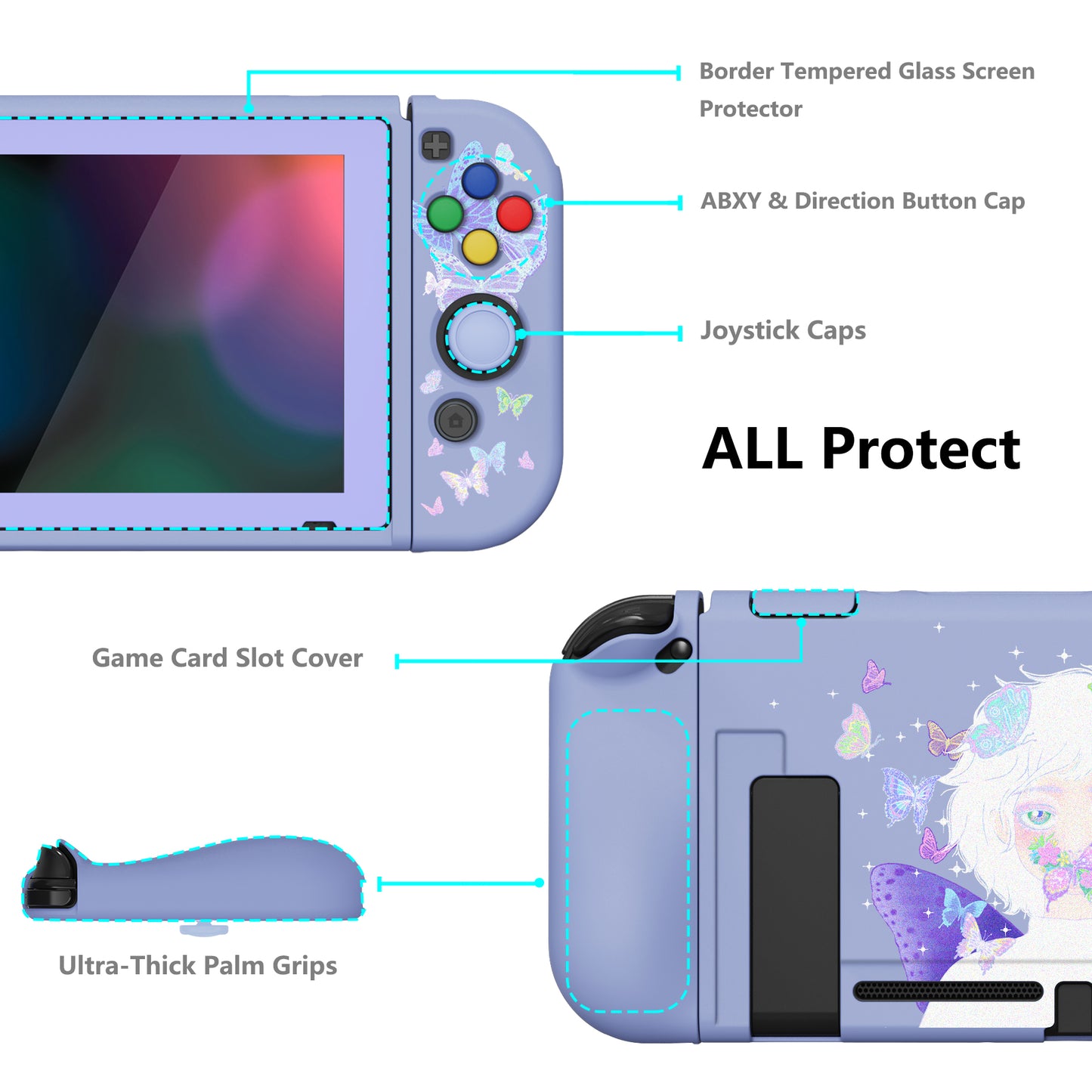 PlayVital ZealProtect Soft Protective Case for Nintendo Switch, Flexible Cover for Switch with Tempered Glass Screen Protector & Thumb Grips & ABXY Direction Button Caps - Butterfly Fairy - RNSYV6031 playvital