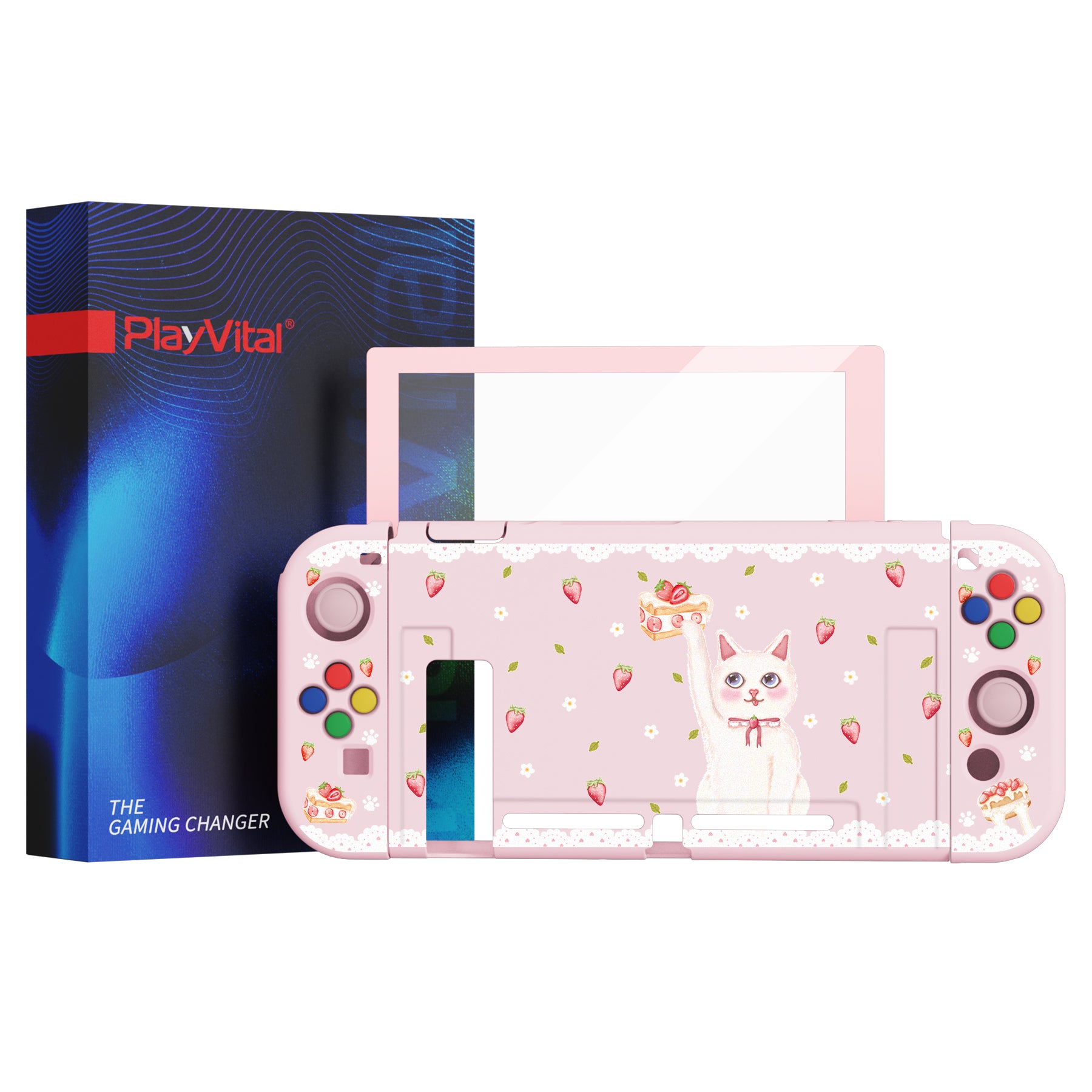 PlayVital ZealProtect Soft Protective Case for Nintendo Switch, Flexible Cover for Switch with Tempered Glass Screen Protector & Thumb Grips & ABXY Direction Button Caps - Tea Time Kitty - RNSYV6032 playvital
