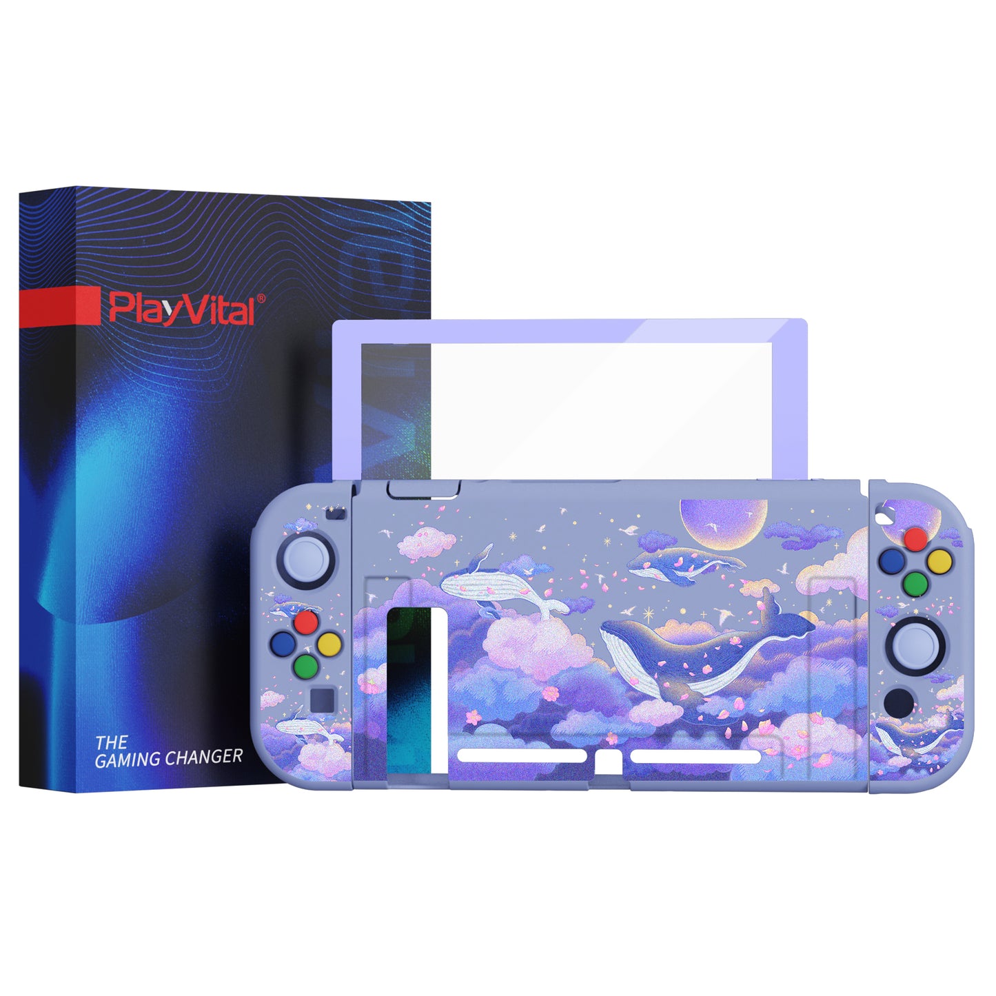 PlayVital ZealProtect Soft Protective Case for Nintendo Switch, Flexible Cover for Switch with Tempered Glass Screen Protector & Thumb Grips & ABXY Direction Button Caps - Whale in Dream - RNSYV6034 playvital