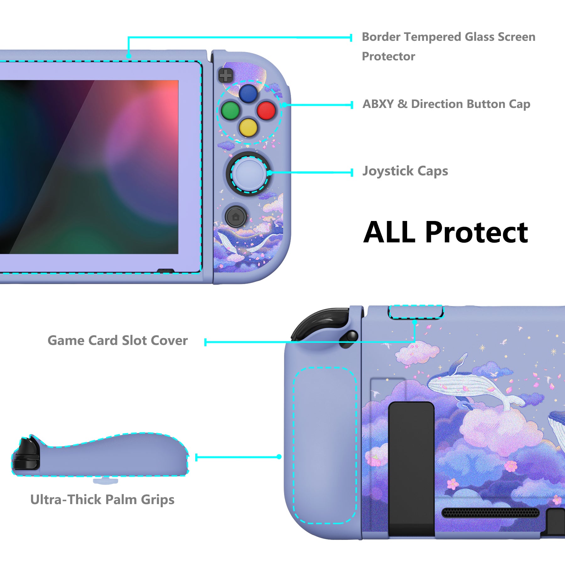 PlayVital ZealProtect Soft Protective Case for Nintendo Switch, Flexible Cover for Switch with Tempered Glass Screen Protector & Thumb Grips & ABXY Direction Button Caps - Whale in Dream - RNSYV6034 playvital