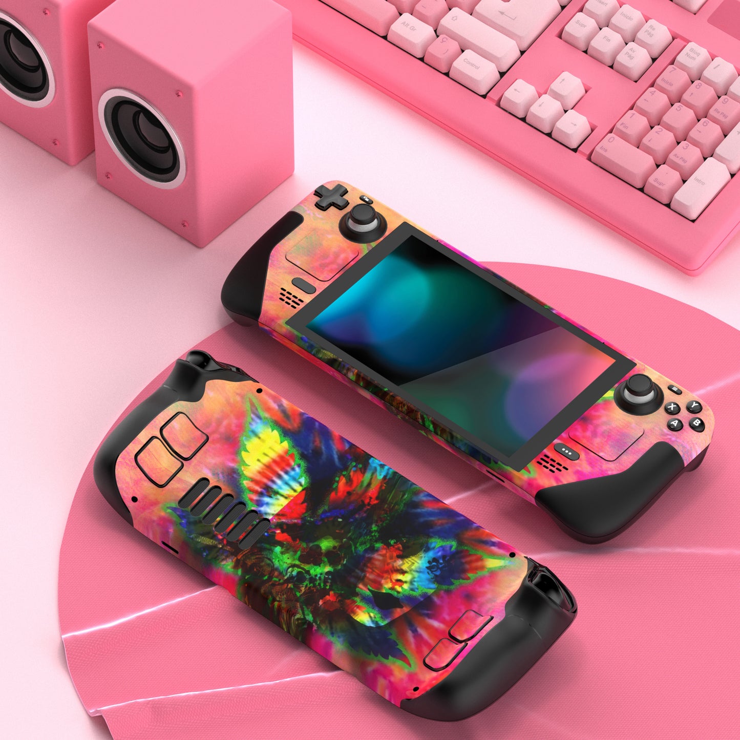 PlayVital Full Set Protective Skin Decal for Steam Deck, Custom Stickers Vinyl Cover for Steam Deck Handheld Gaming PC - Pink Colorful Leaf - SDTM055 PlayVital