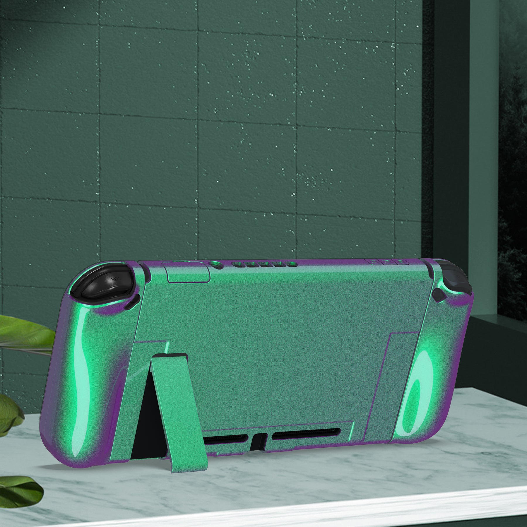 PlayVital AlterGrips Glossy Dockable Protective Case Ergonomic Grip Cover for Nintendo Switch, Interchangeable Joycon Cover w/Screen Protector & Thumb Grip Caps & Button Caps - Chameleon Green Purple - TNSYP3002 playvital