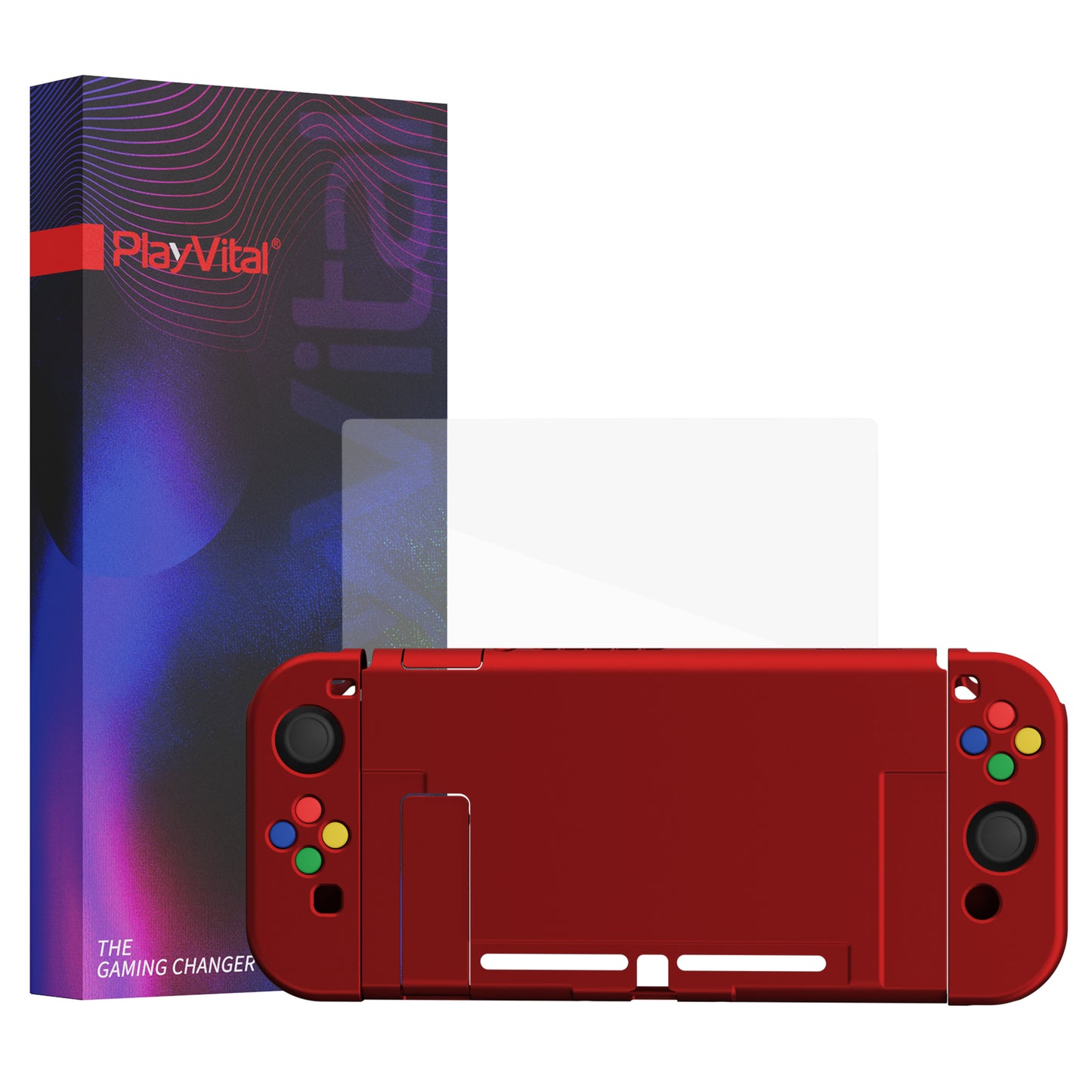 PlayVital AlterGrips Dockable Protective Case Ergonomic Grip Cover for Nintendo Switch, Interchangeable Joycon Cover w/Screen Protector & Thumb Grip Caps & Button Caps - Scarlet Red - TNSYP3004 playvital