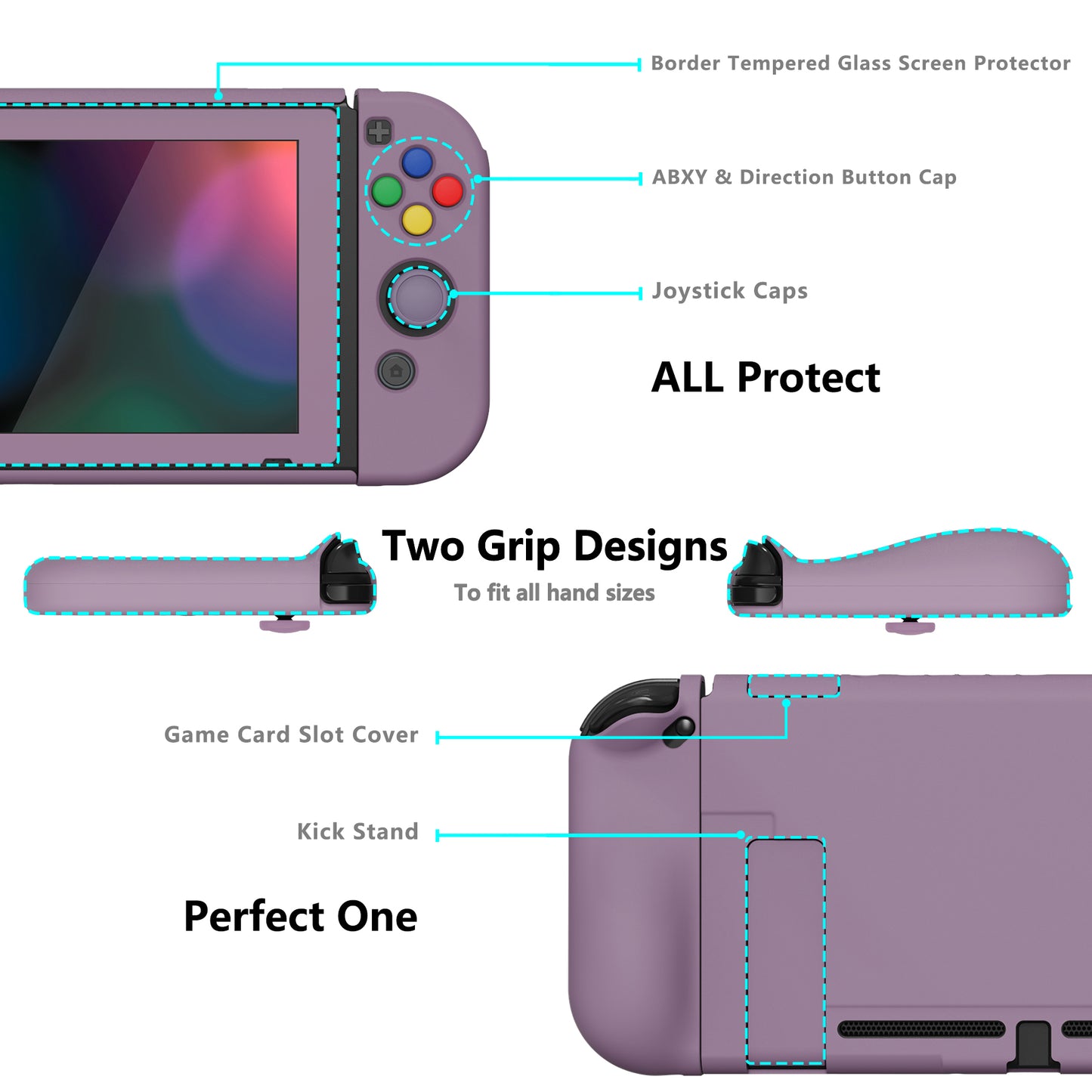 PlayVital AlterGrips Dockable Protective Case Ergonomic Grip Cover for Nintendo Switch, Interchangeable Joycon Cover w/Screen Protector & Thumb Grip Caps & Button Caps - Dark Grayish Violet - TNSYP3006 playvital