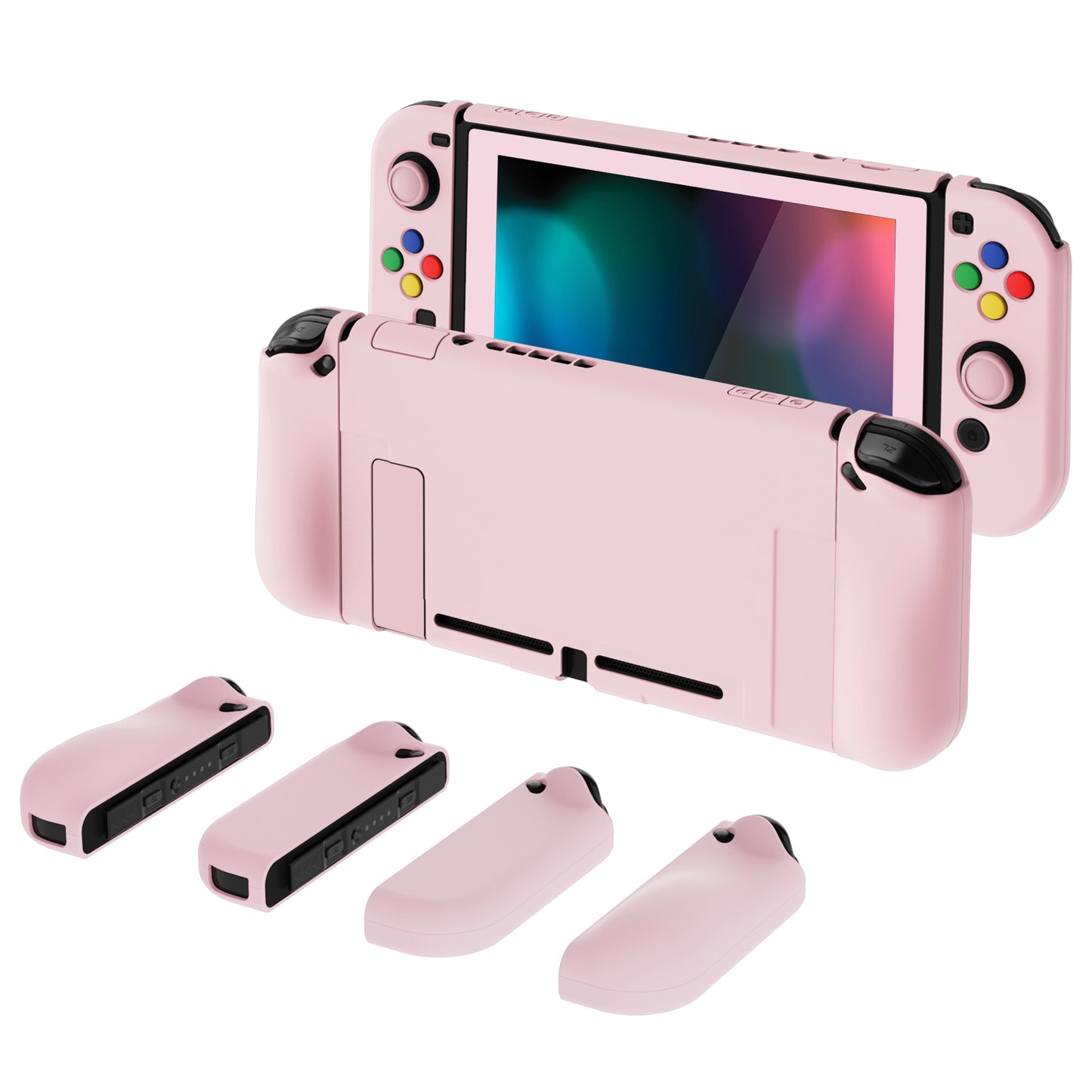 PlayVital AlterGrips Dockable Protective Case Ergonomic Grip Cover for Nintendo Switch, Interchangeable Joycon Cover w/Screen Protector & Thumb Grip Caps & Button Caps - Cherry Blossoms Pink - TNSYP3007 playvital