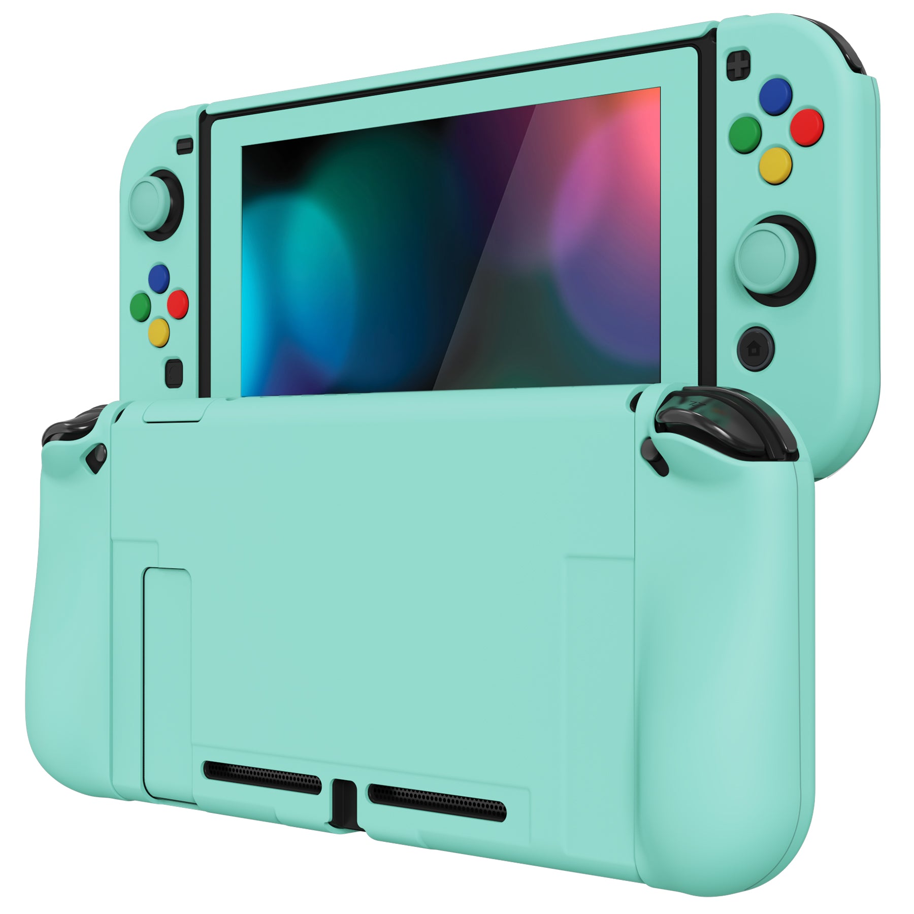 PlayVital AlterGrips Dockable Protective Case Ergonomic Grip Cover for Nintendo Switch, Interchangeable Joycon Cover w/Screen Protector & Thumb Grip Caps & Button Caps - Misty Green - TNSYP3009 playvital