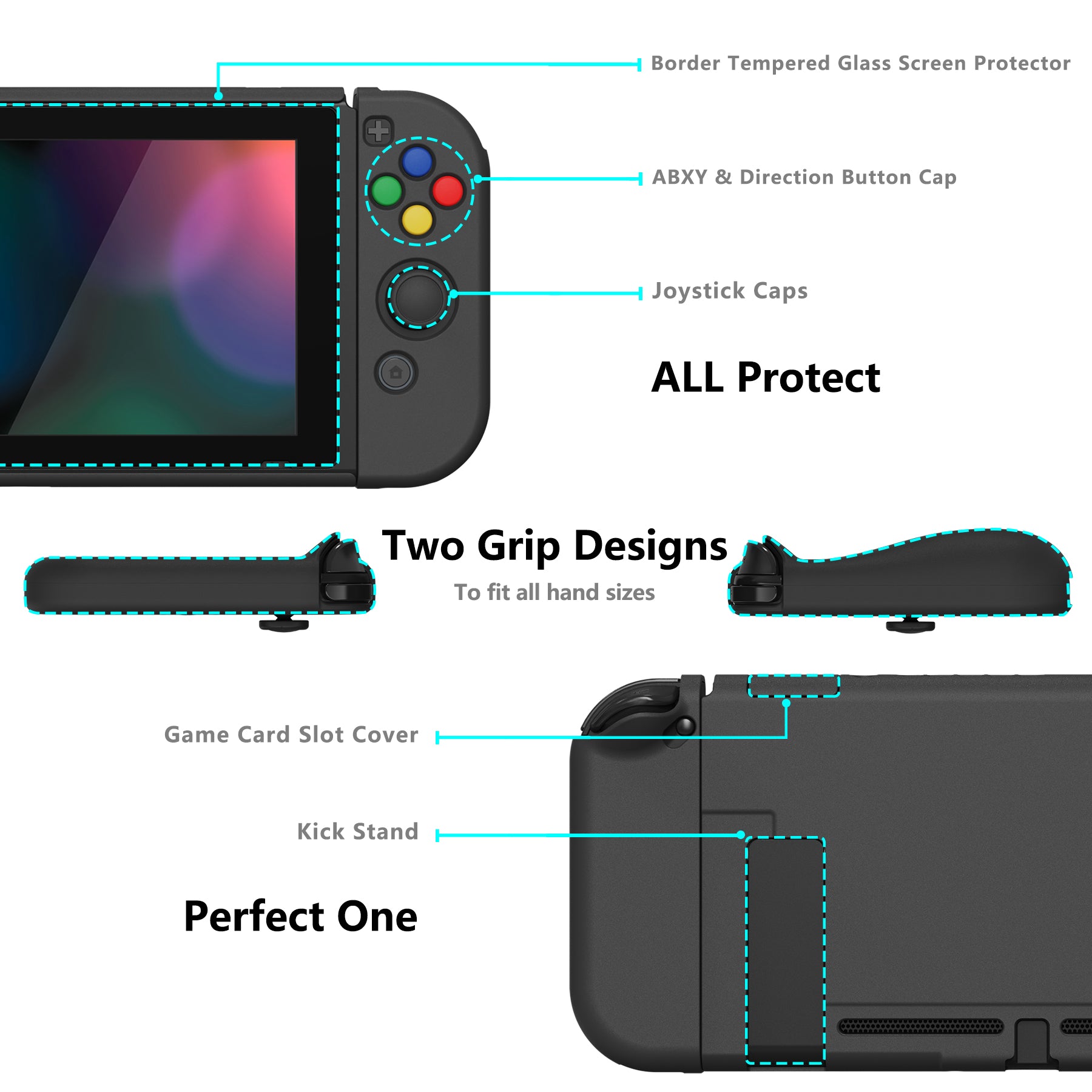 PlayVital AlterGrips Dockable Protective Case Ergonomic Grip Cover for Nintendo Switch, Interchangeable Joycon Cover w/Screen Protector & Thumb Grip Caps & Button Caps - Black - TNSYP3011 playvital