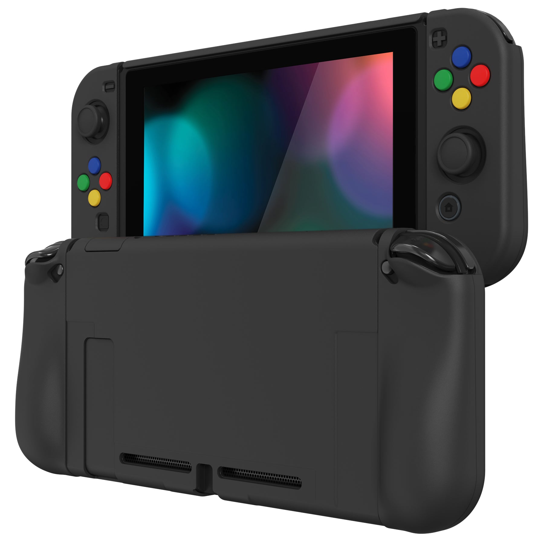 PlayVital AlterGrips Dockable Protective Case Ergonomic Grip Cover for Nintendo Switch, Interchangeable Joycon Cover w/Screen Protector & Thumb Grip Caps & Button Caps - Black - TNSYP3011 playvital