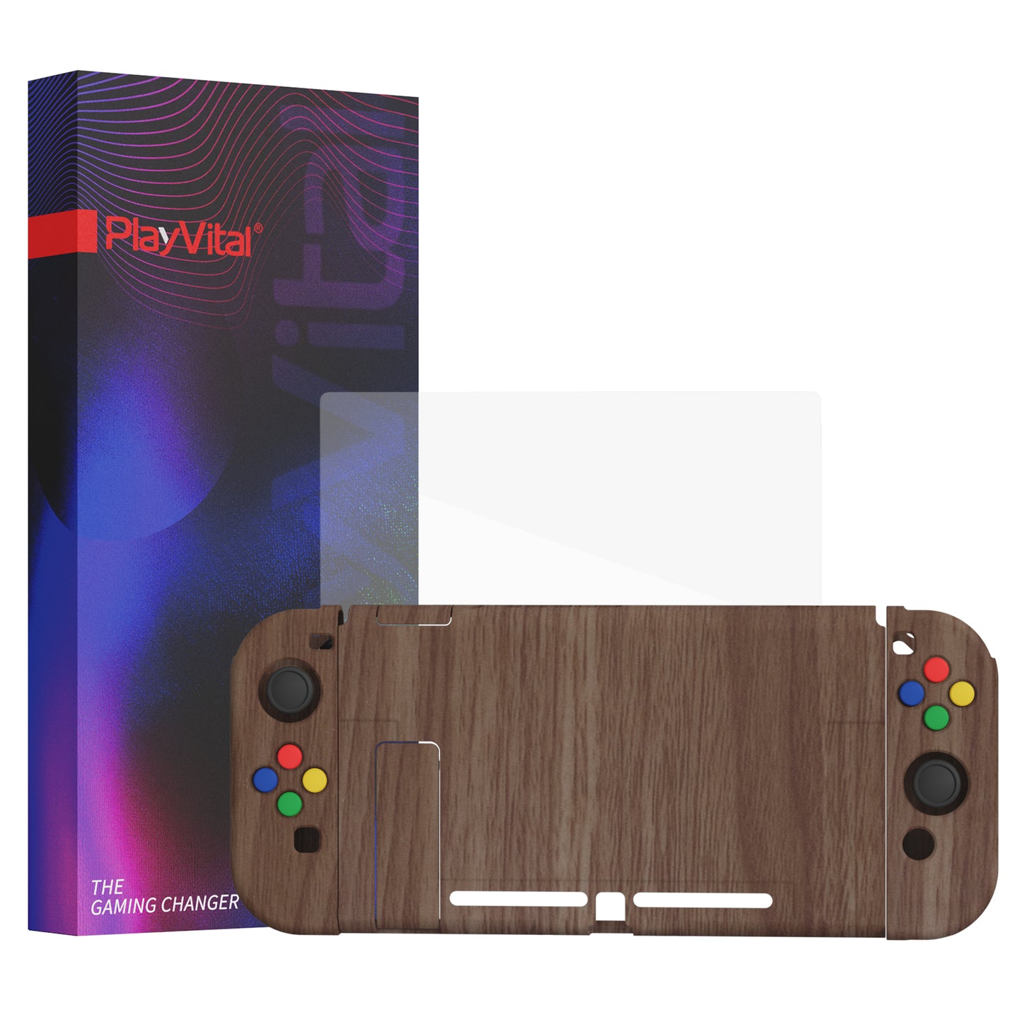 PlayVital AlterGrips Dockable Protective Case Ergonomic Grip Cover for Nintendo Switch, Interchangeable Joycon Cover w/Screen Protector & Thumb Grip Caps & Button Caps - Wood Grain - TNSYS2001 playvital