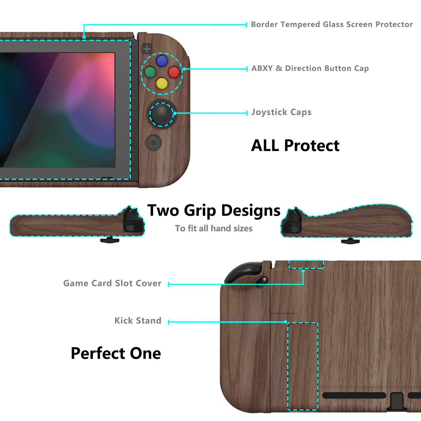 PlayVital AlterGrips Dockable Protective Case Ergonomic Grip Cover for Nintendo Switch, Interchangeable Joycon Cover w/Screen Protector & Thumb Grip Caps & Button Caps - Wood Grain - TNSYS2001 playvital