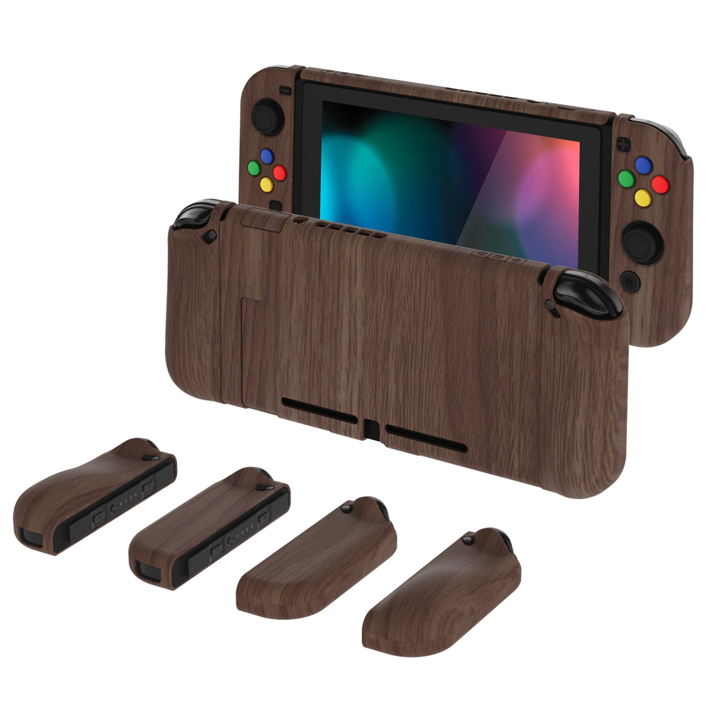 PlayVital AlterGrips Dockable Protective Case Ergonomic Grip Cover for Nintendo Switch, Interchangeable Joycon Cover w/Screen Protector & Thumb Grip Caps & Button Caps - Wood Grain - TNSYS2001 playvital