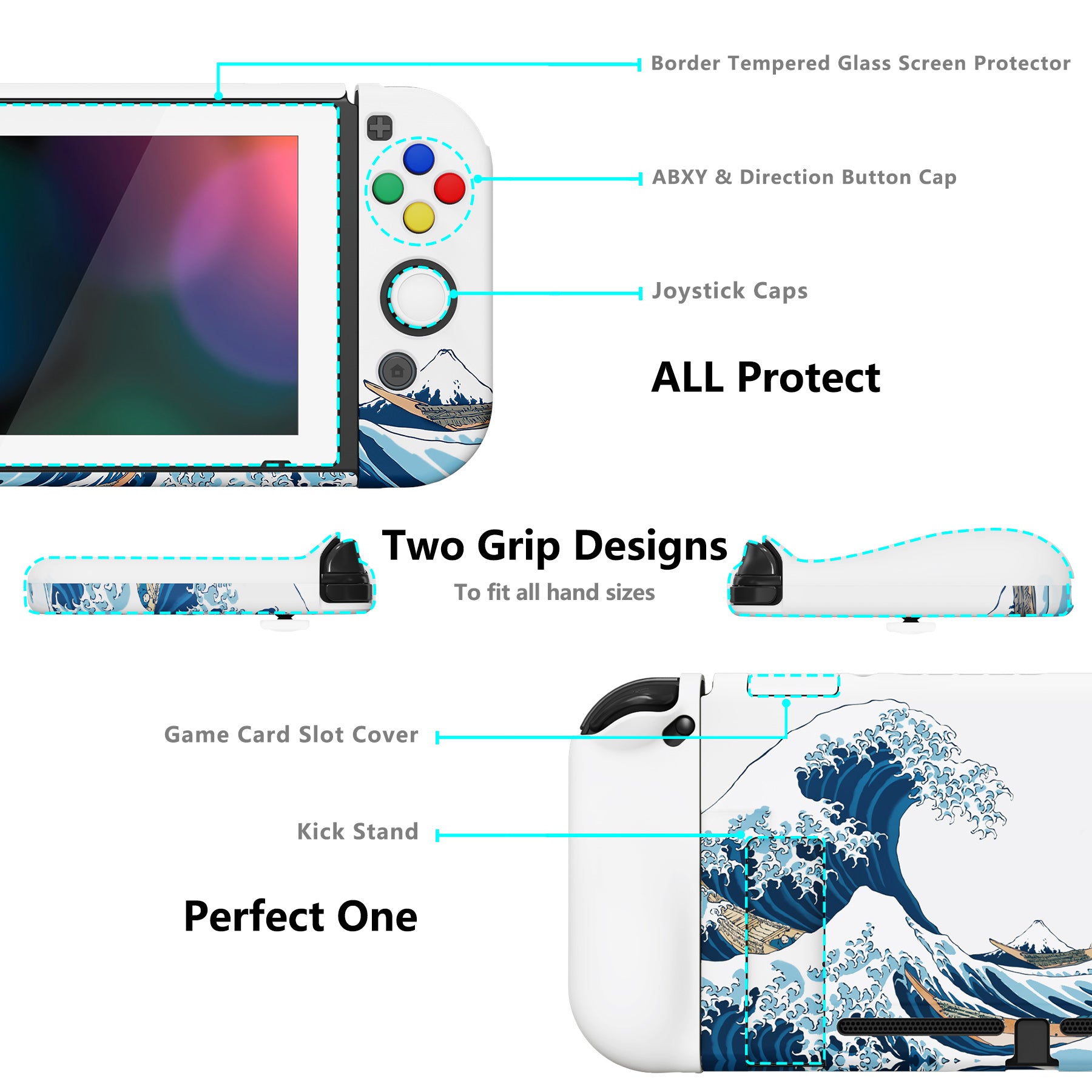 PlayVital AlterGrips Dockable Protective Case Ergonomic Grip Cover for Nintendo Switch, Interchangeable Joycon Cover w/Screen Protector & Thumb Grip Caps & Button Caps - The Great Wave off Kanagawa - TNSYT001 playvital
