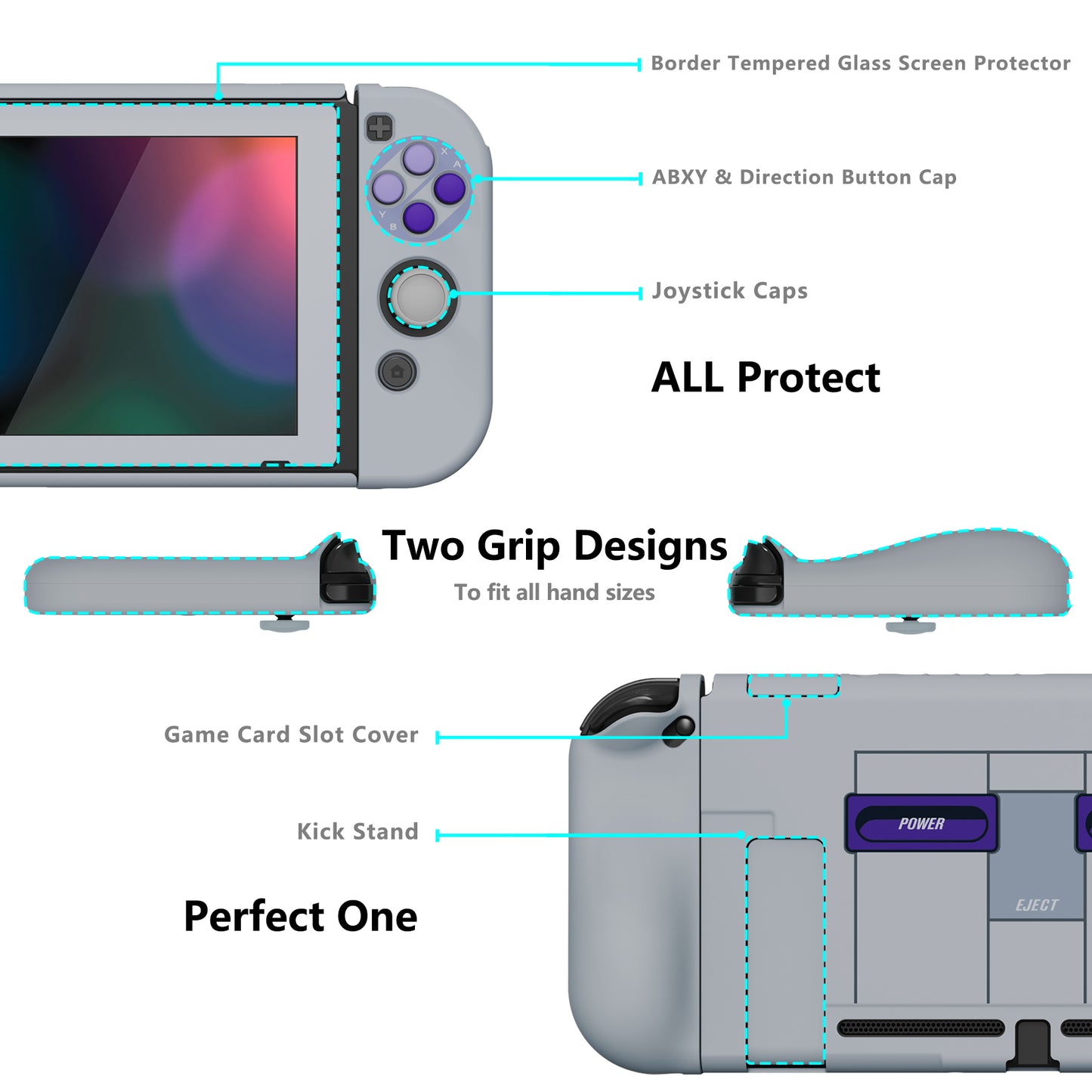 PlayVital AlterGrips Dockable Protective Case Ergonomic Grip Cover for Nintendo Switch, Interchangeable Joycon Cover w/Screen Protector & Thumb Grip Caps & Button Caps - Classics SNES Style - TNSYY7003 playvital