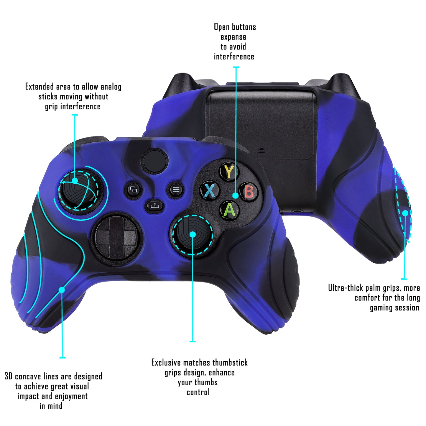 PlayVital Samurai Edition Anti-slip Controller Grip Silicone Skin, Ergonomic Soft Rubber Protective Case Cover for Xbox Series S/X Controller with Black Thumb Stick Caps - Blue & Black -  WAX3017 PlayVital