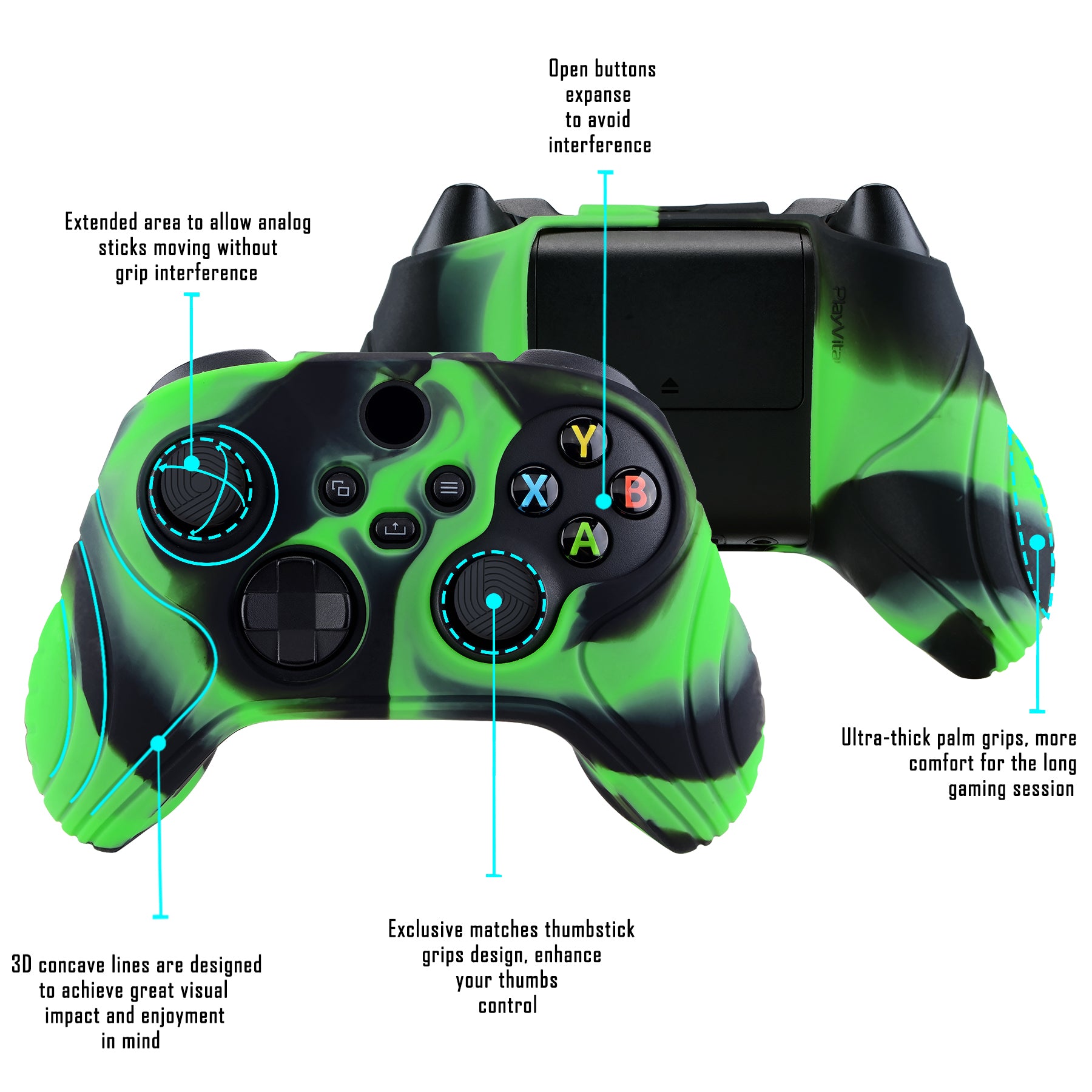 PlayVital Samurai Edition Green & Black Anti-slip Controller Grip Silicone Skin, Ergonomic Soft Rubber Protective Case Cover for Xbox Series S/X Controller with Black Thumb Stick Caps - WAX3018 PlayVital