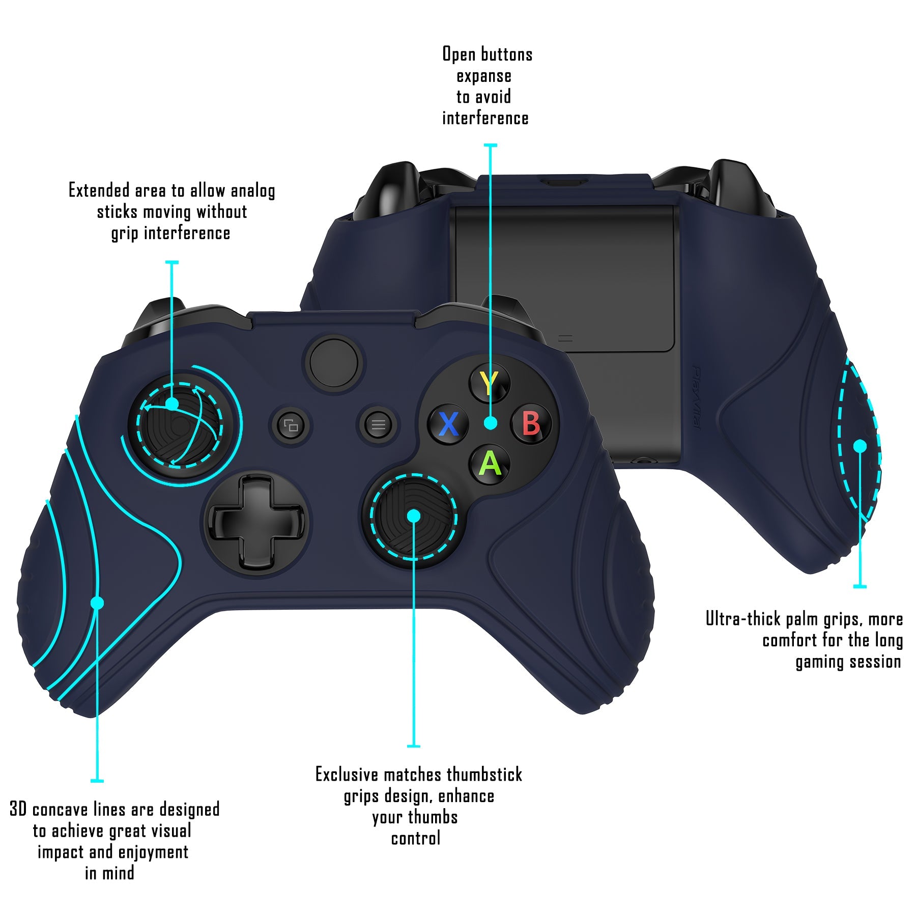 PlayVital Samurai Edition Midnight Blue Anti-Slip Controller Grip Silicone Skin for Xbox One X/S Controller, Ergonomic Soft Rubber Protective Case Cover for Xbox One S/X Controller with Black Thumb Stick Caps - XOQ036 playvital