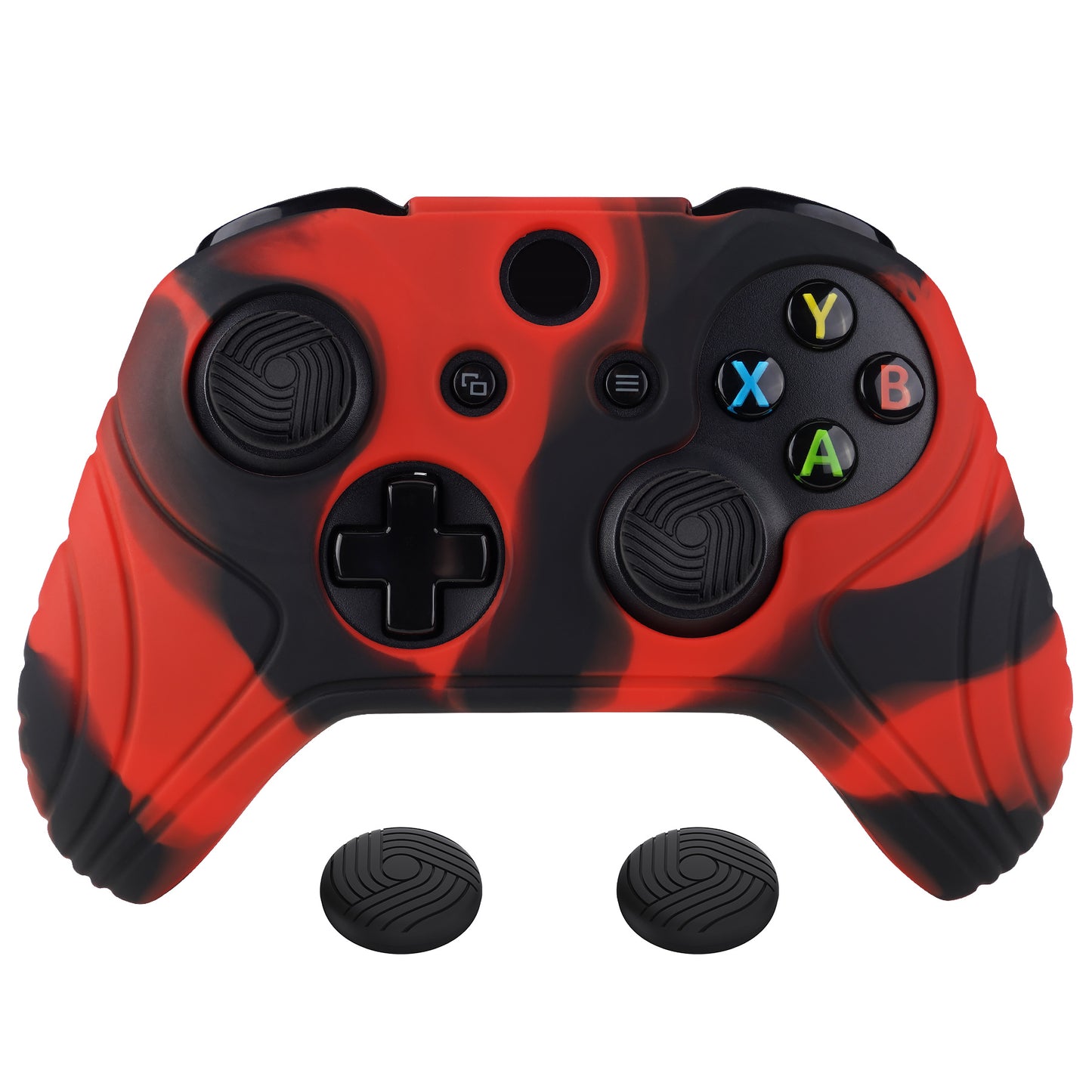 PlayVital Samurai Edition Red & Black Anti-Slip Controller Grip Silicone Skin for Xbox One X/S Controller, Ergonomic Soft Rubber Protective Case Cover for Xbox One S/X Controller with Black Thumb Stick Caps - XOQ043 playvital