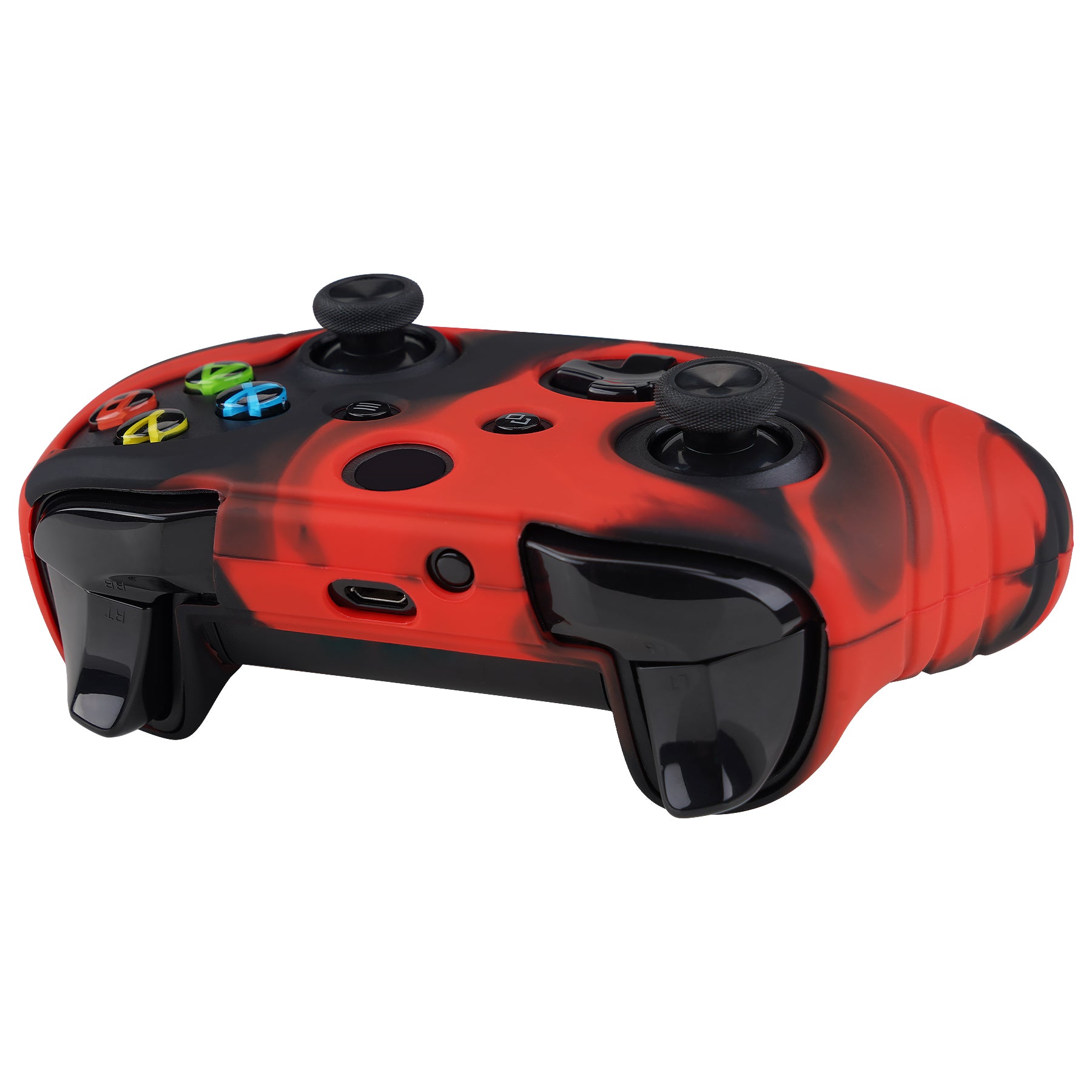 PlayVital Samurai Edition Red & Black Anti-Slip Controller Grip Silicone Skin for Xbox One X/S Controller, Ergonomic Soft Rubber Protective Case Cover for Xbox One S/X Controller with Black Thumb Stick Caps - XOQ043 playvital