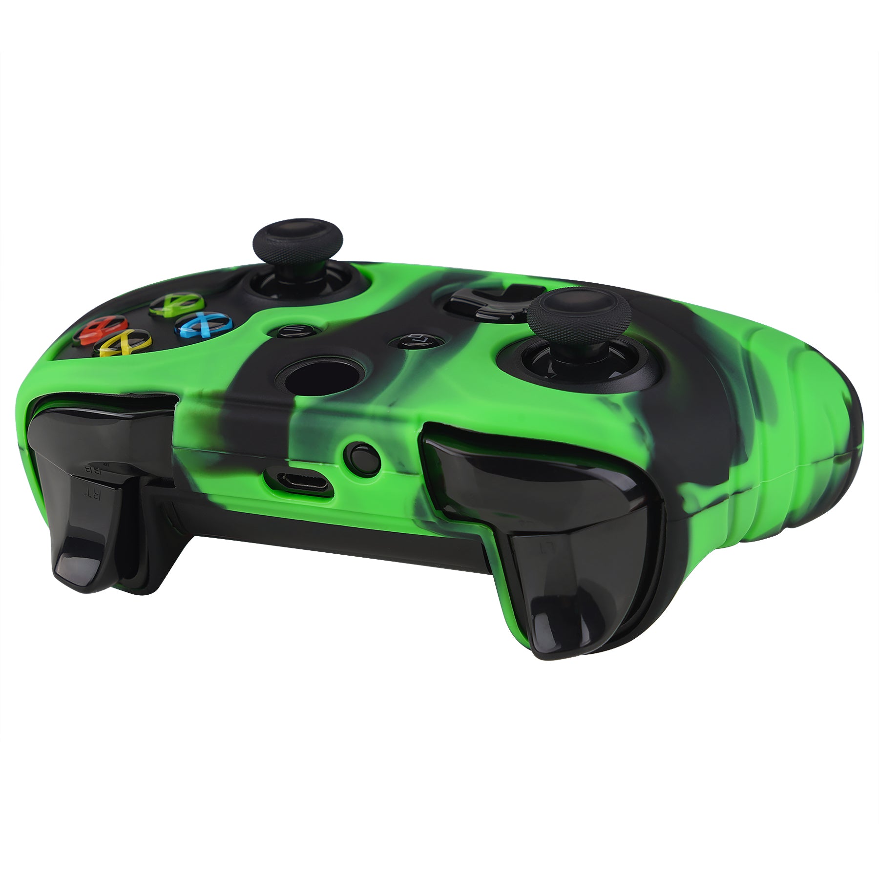 PlayVital Samurai Edition Green & Black Anti-Slip Controller Grip Silicone Skin for Xbox One X/S Controller, Ergonomic Soft Rubber Protective Case Cover for Xbox One S/X Controller with Black Thumb Stick Caps - XOQ044 playvital