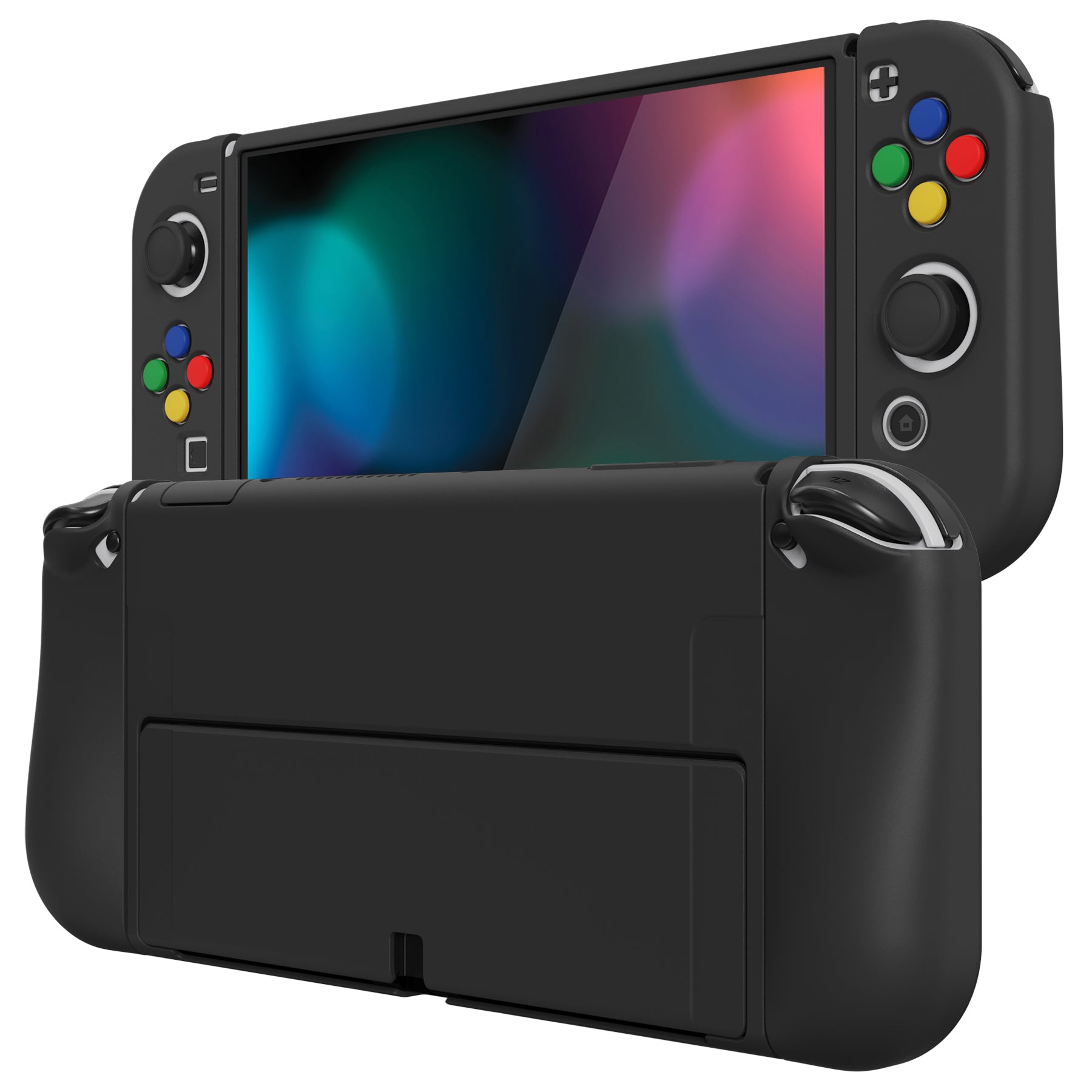 PlayVital ZealProtect Soft Protective Case for Switch OLED, Flexible Protector Joycon Grip Cover for Switch OLED with Thumb Grip Caps & ABXY Direction Button Caps - Black -XSOYM5001 playvital