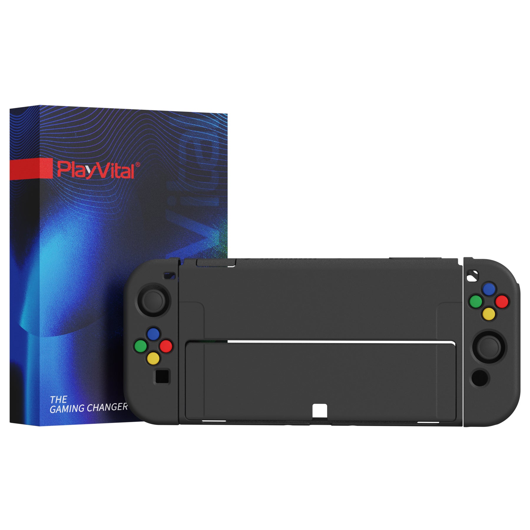 PlayVital ZealProtect Soft Protective Case for Switch OLED, Flexible Protector Joycon Grip Cover for Switch OLED with Thumb Grip Caps & ABXY Direction Button Caps - Black -XSOYM5001 playvital
