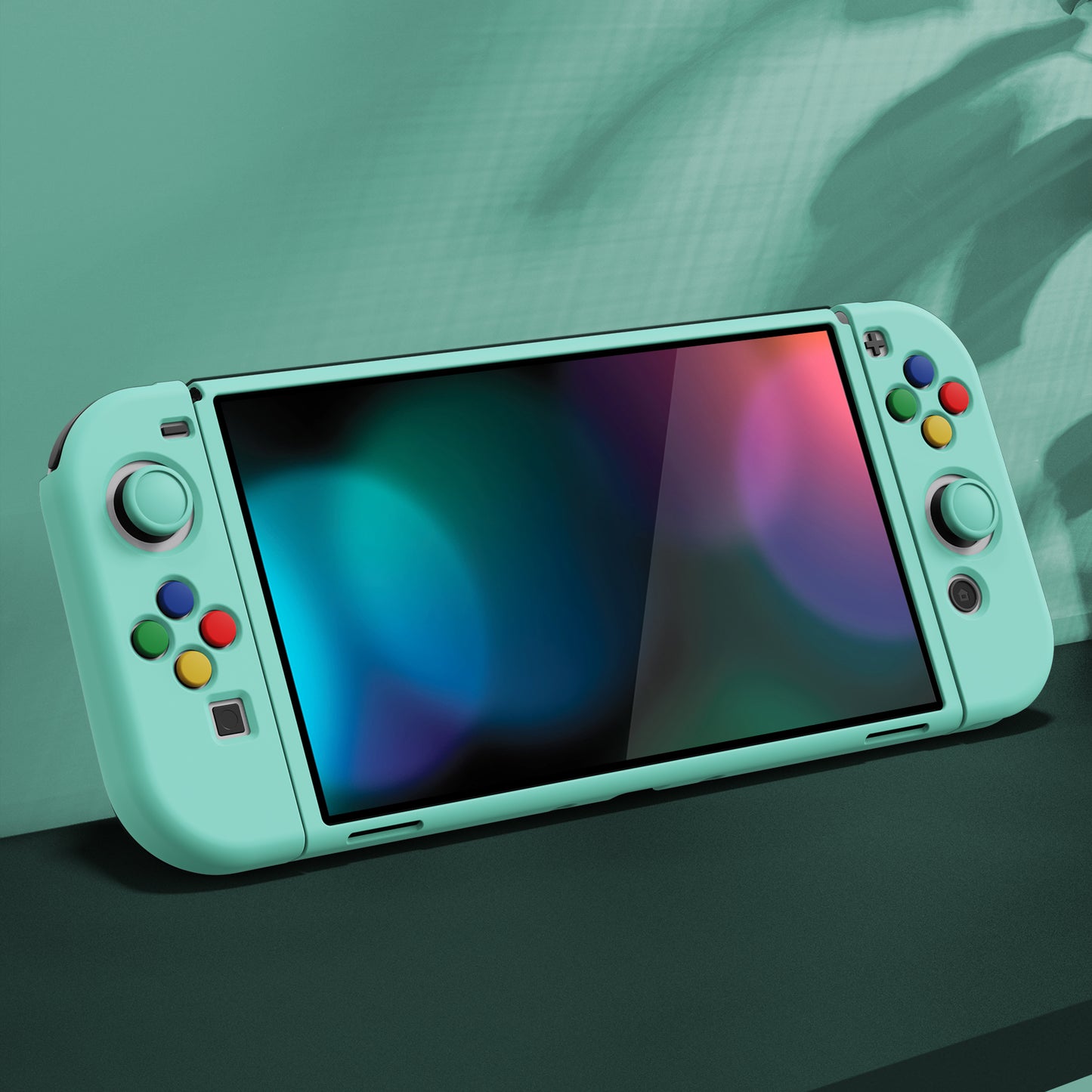 PlayVital ZealProtect Soft Protective Case for Switch OLED, Flexible Protector Joycon Grip Cover for Switch OLED with Thumb Grip Caps & ABXY Direction Button Caps - Misty Green - XSOYM5004 playvital