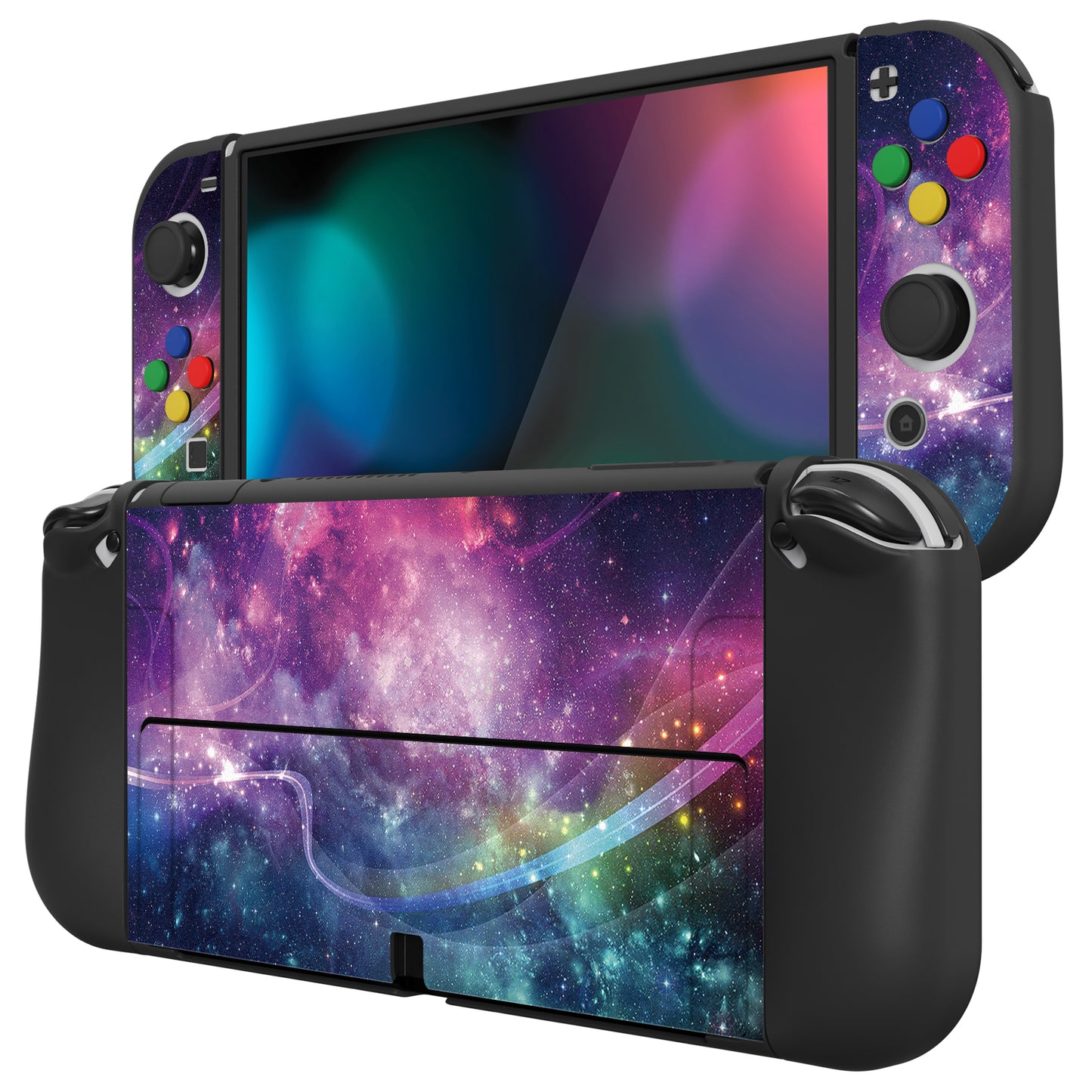 PlayVital ZealProtect Soft Protective Case for Switch OLED, Flexible Protector Joycon Grip Cover for Switch OLED with Thumb Grip Caps & ABXY Direction Button Caps - Purple Galaxy - XSOYV6001 playvital