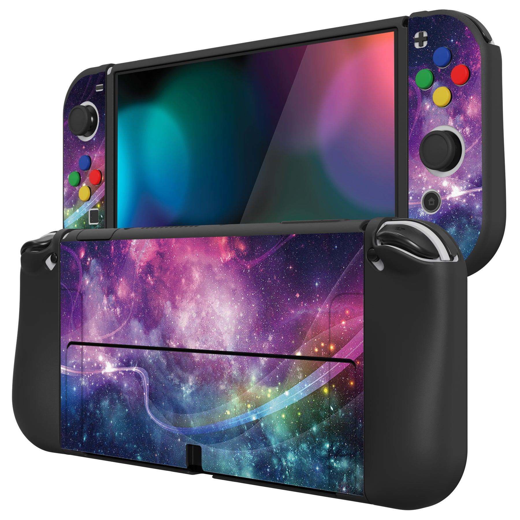 PlayVital ZealProtect Soft Protective Case for Switch OLED, Flexible Protector Joycon Grip Cover for Switch OLED with Thumb Grip Caps & ABXY Direction Button Caps - Purple Galaxy - XSOYV6001 playvital