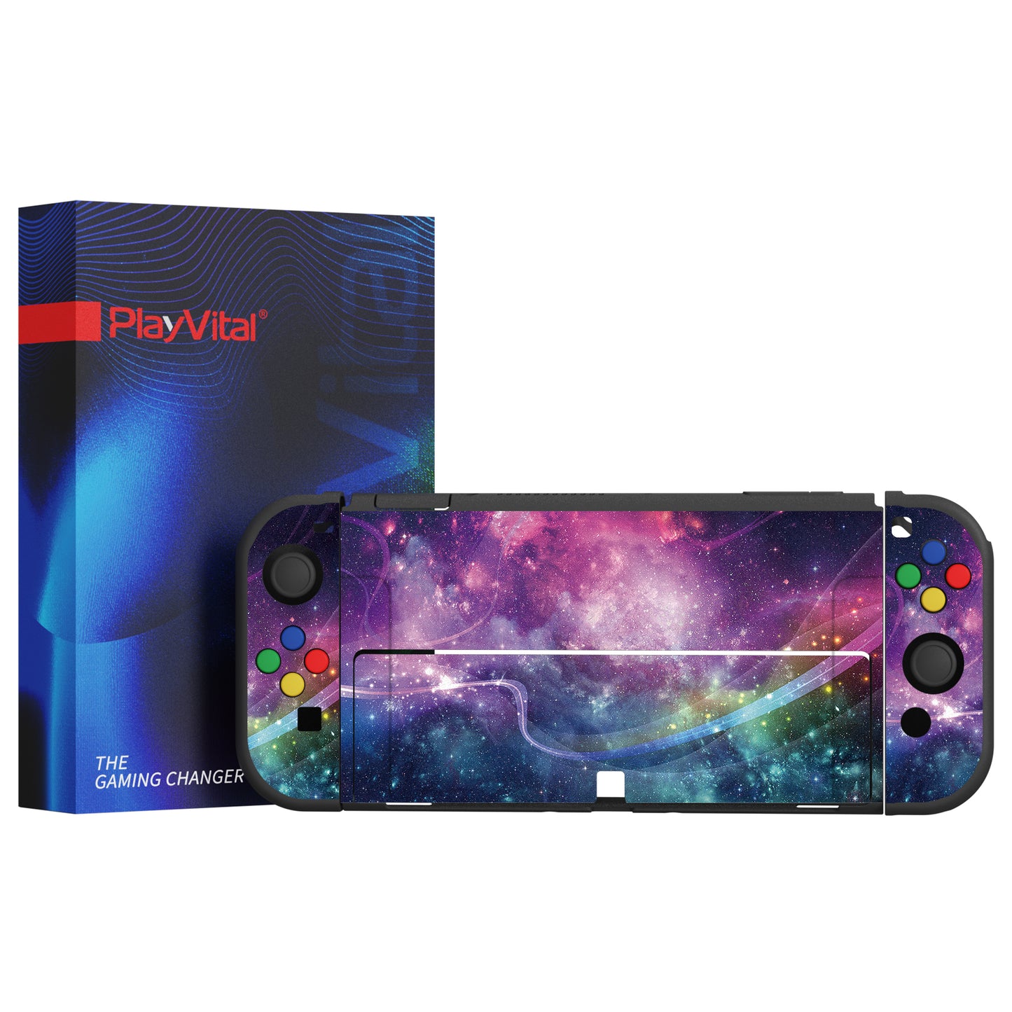 PlayVital ZealProtect Soft Protective Case for Switch OLED, Flexible Protector Joycon Grip Cover for Switch OLED with Thumb Grip Caps & ABXY Direction Button Caps - Purple Galaxy - XSOYV6001 playvital