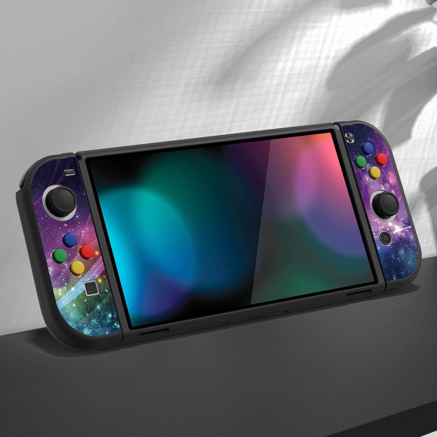 PlayVital ZealProtect Soft Protective Case for Switch OLED, Flexible Protector Joycon Grip Cover for Switch OLED with Thumb Grip Caps & ABXY Direction Button Caps - Purple Galaxy - XSOYV6001 playvital