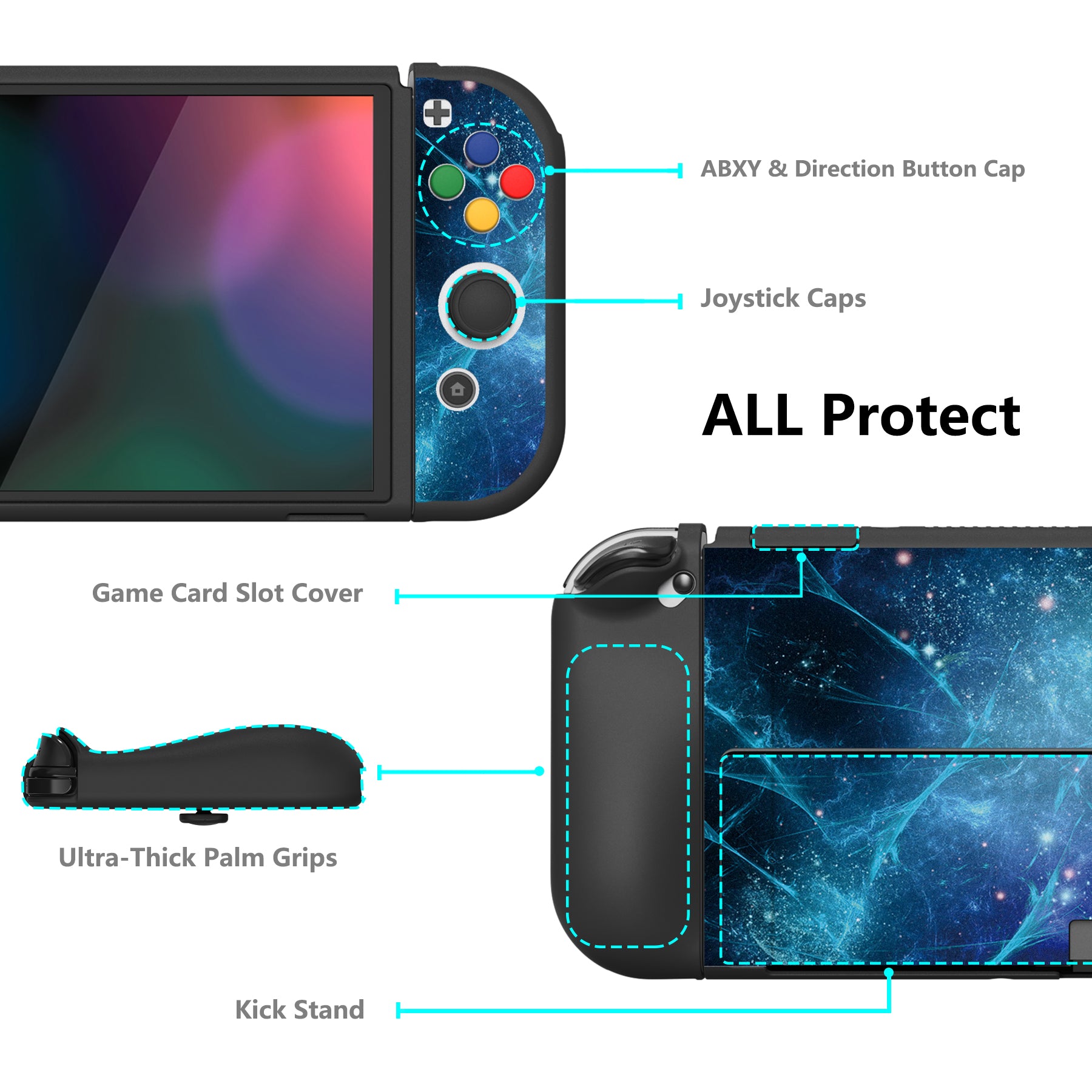 PlayVital ZealProtect Soft Protective Case for Switch OLED, Flexible Protector Joycon Grip Cover for Switch OLED with Thumb Grip Caps & ABXY Direction Button Caps - Blue Nebula - XSOYV6002 playvital