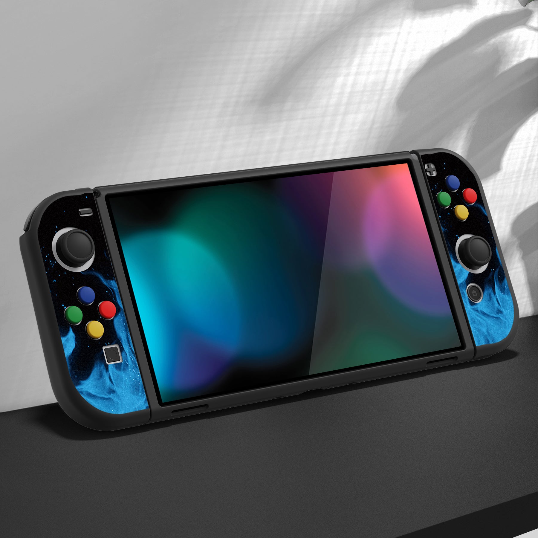 PlayVital ZealProtect Soft Protective Case for Switch OLED, Flexible Protector Joycon Grip Cover for Switch OLED with Thumb Grip Caps & ABXY Direction Button Caps - Blue Flame - XSOYV6003 playvital