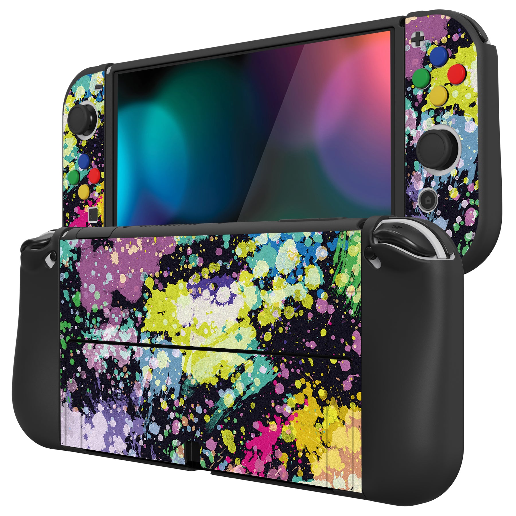 PlayVital ZealProtect Soft Protective Case for Switch OLED, Flexible Protector Joycon Grip Cover for Switch OLED with Thumb Grip Caps & ABXY Direction Button Caps - Watercolour Splash - XSOYV6004 playvital